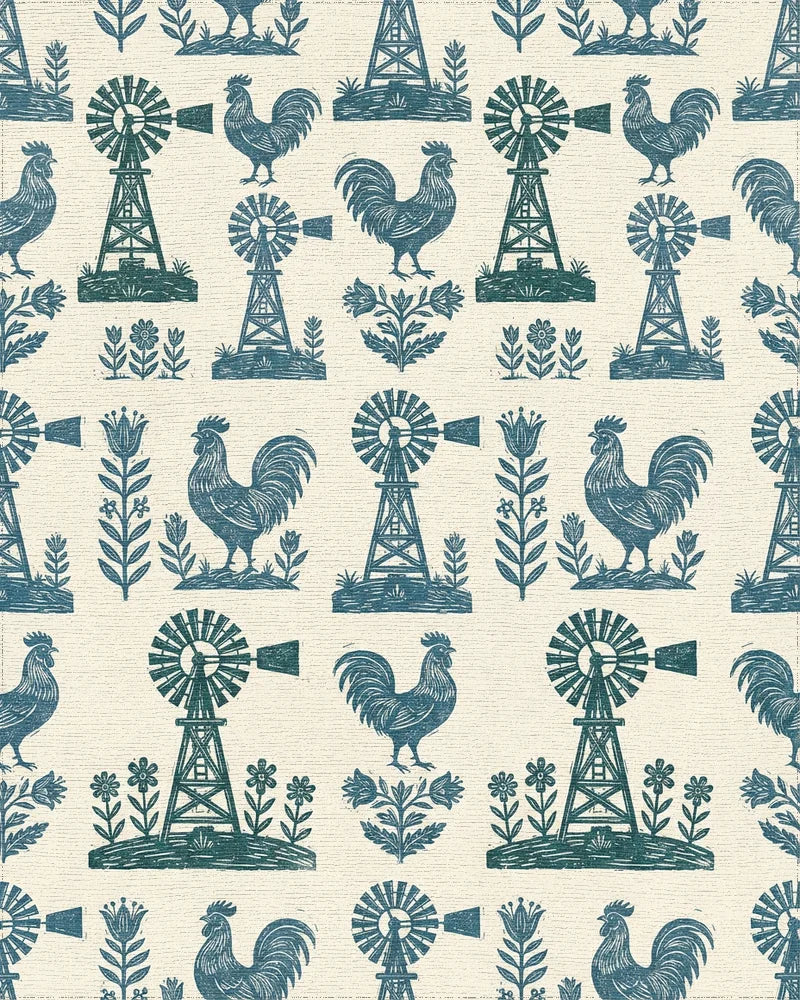 Farmstead Teal Rooster Windmill Floral Rug - Cutout View