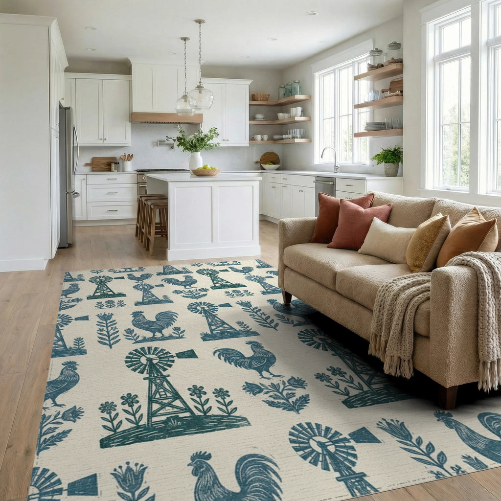Farmstead Teal Rooster Windmill Floral Rug Living Room View