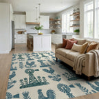 Farmstead Teal Rooster Windmill Floral Rug Living Room View