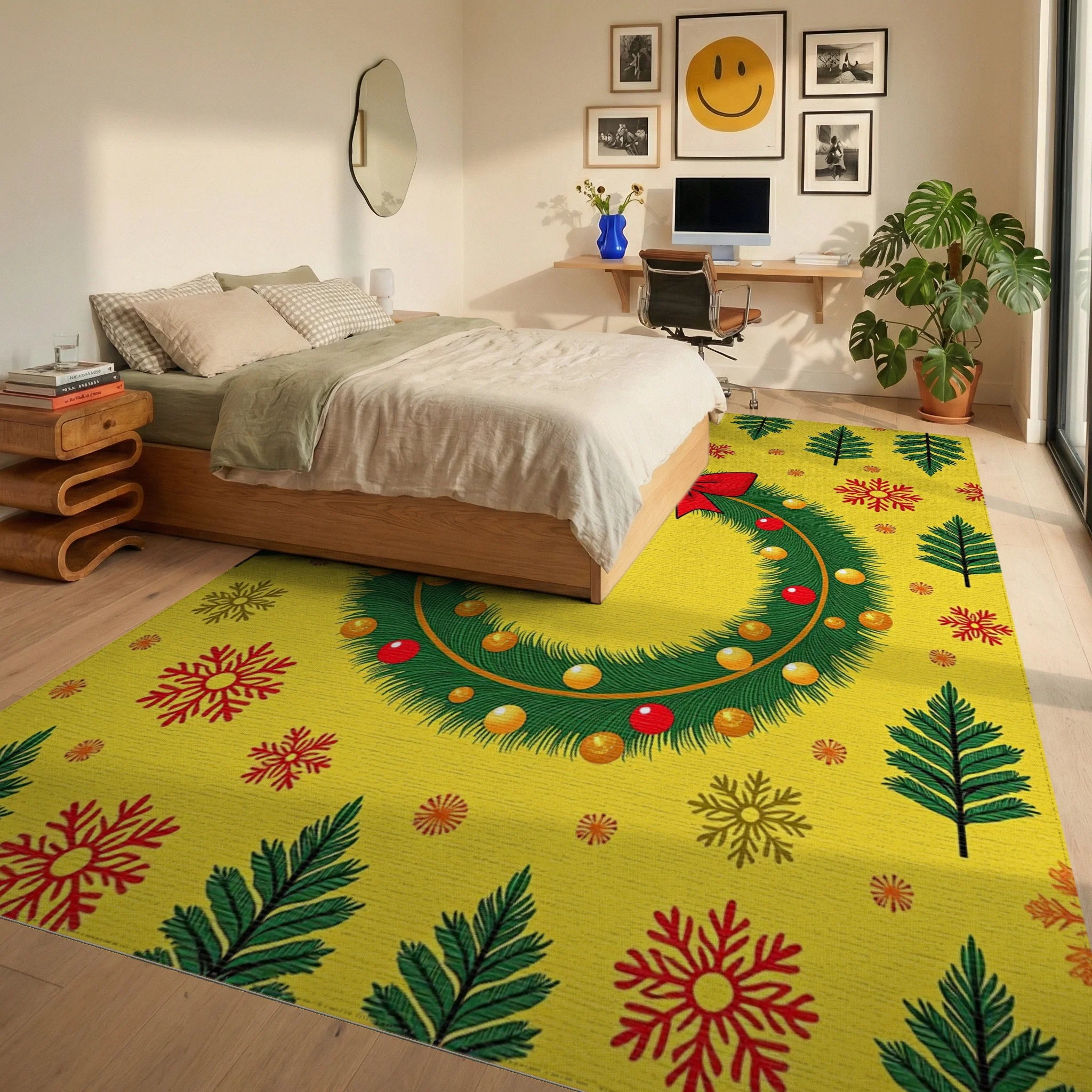 Festive Christmas Wreath Red Bow Snowflakes Rug Bedroom View