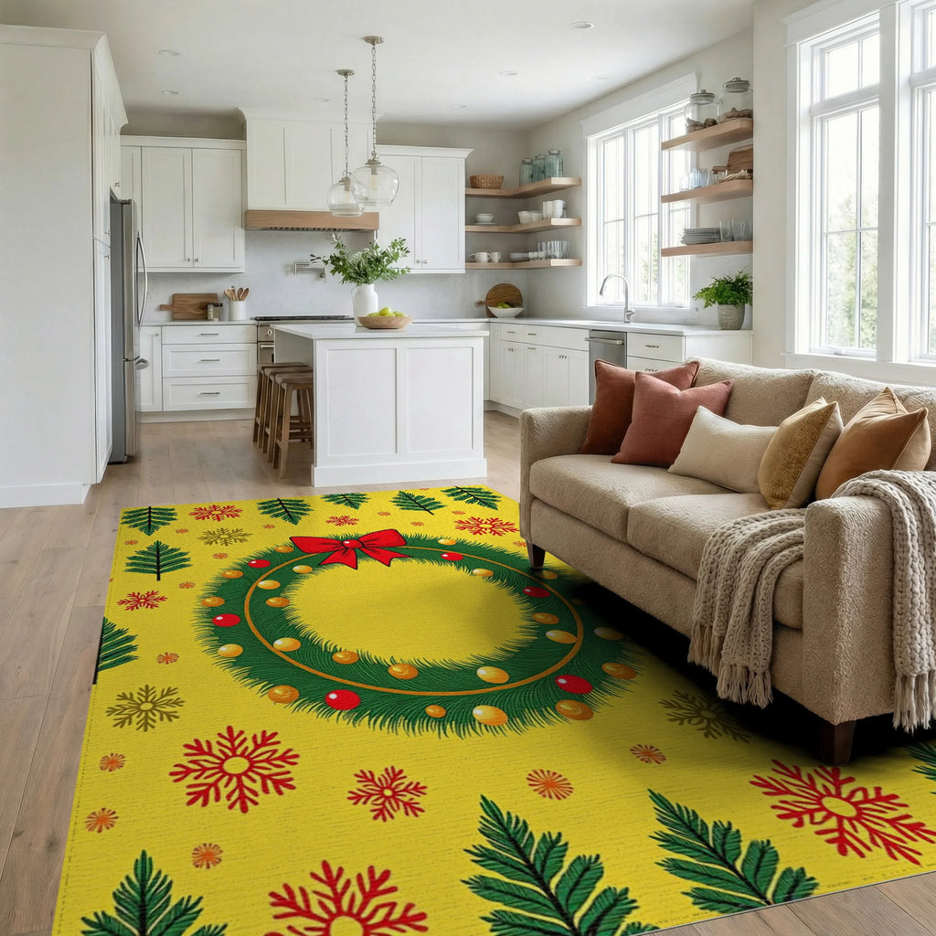 Festive Christmas Wreath Red Bow Snowflakes Rug Living Room View