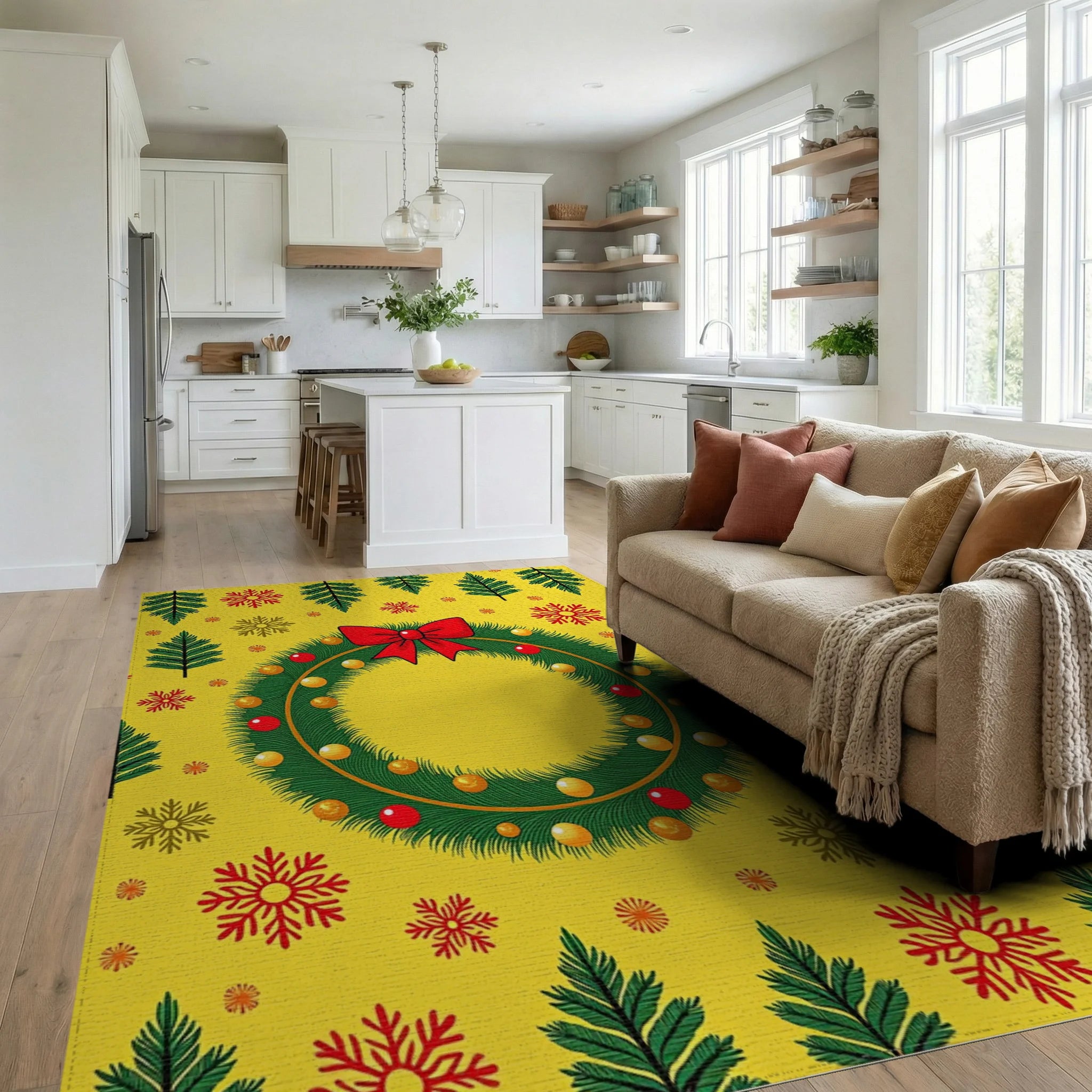 Festive Christmas Wreath Red Bow Snowflakes Rug Living Room View