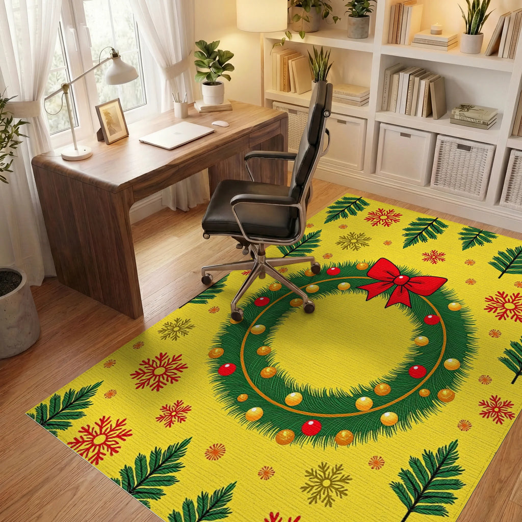 Festive Christmas Wreath Red Bow Snowflakes Rug Office View