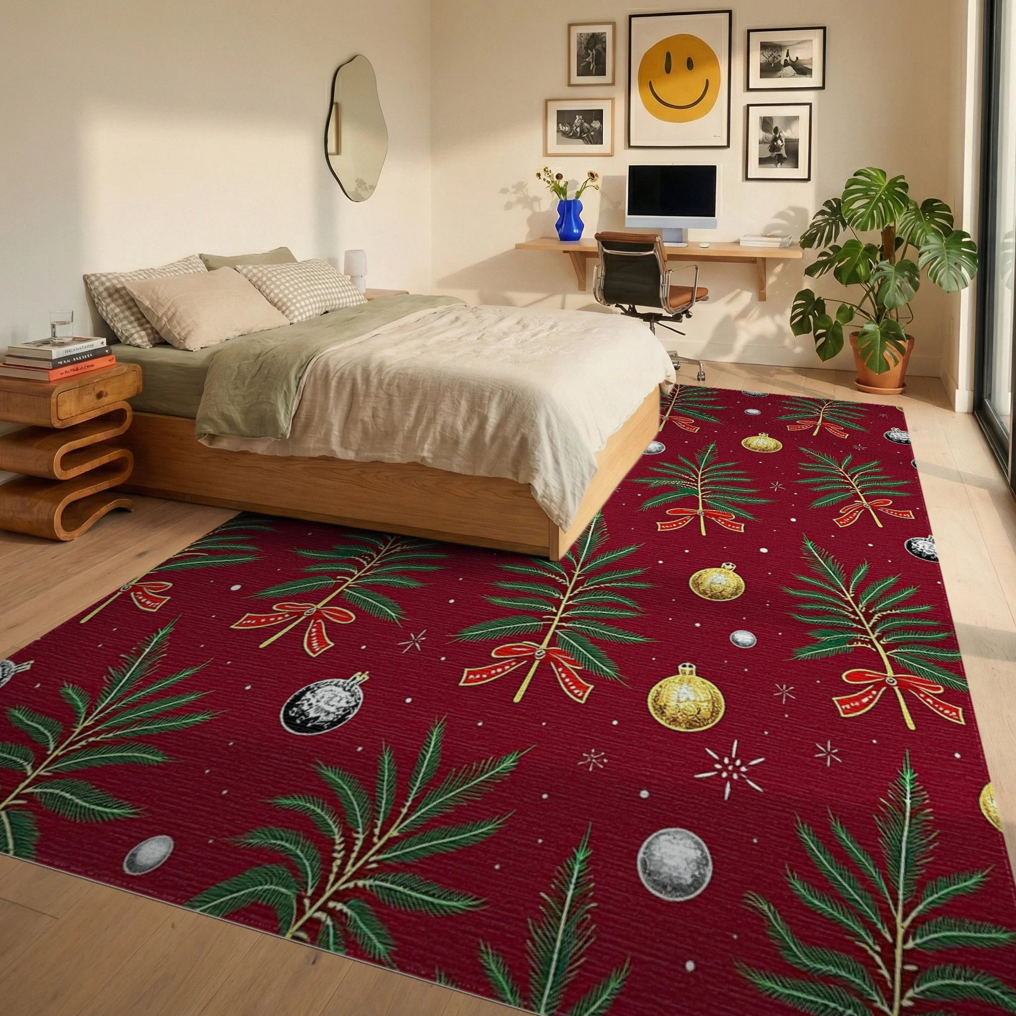 Festive Green Fir Tree Holiday Design Rug Bedroom View
