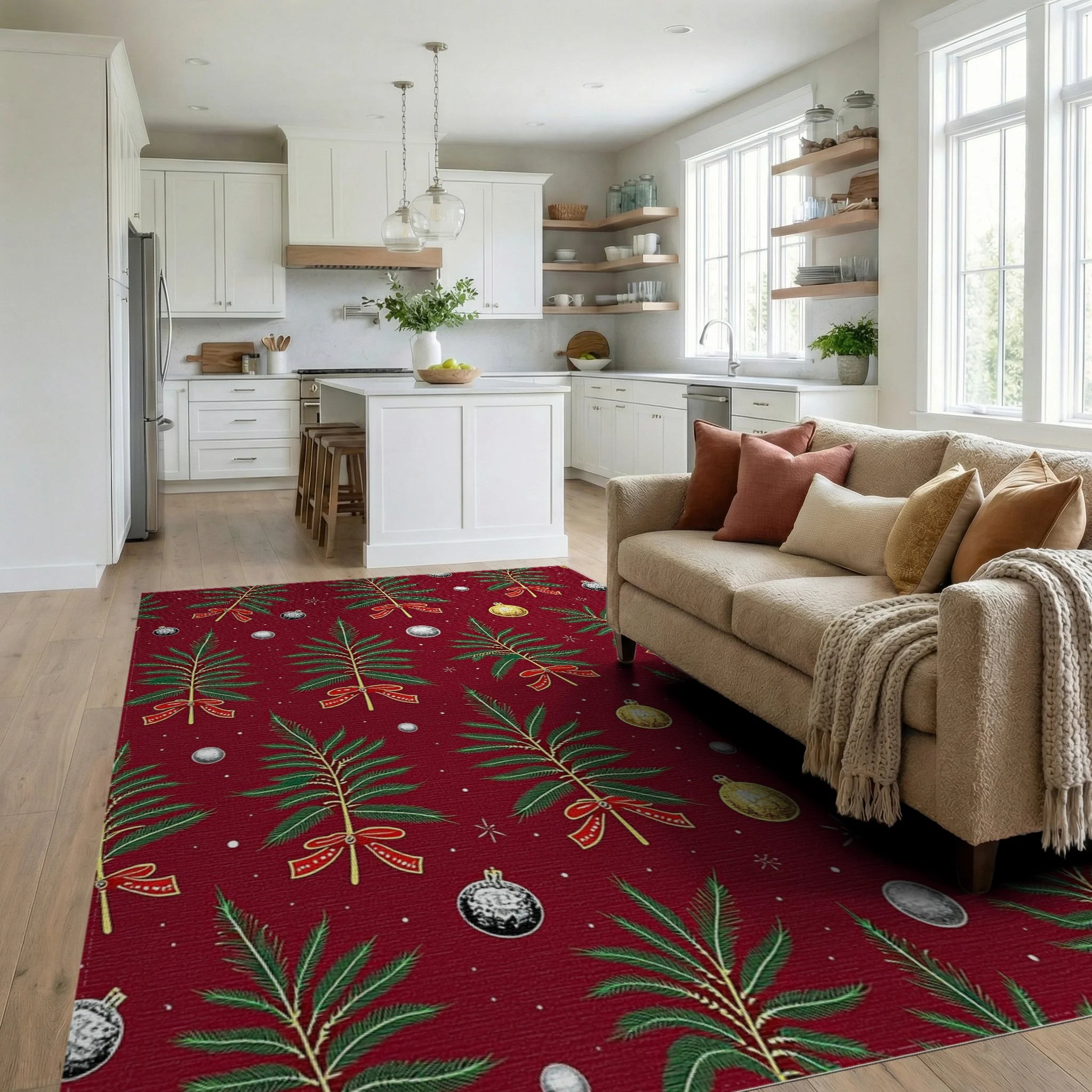 Festive Green Fir Tree Holiday Design Rug Living Room View