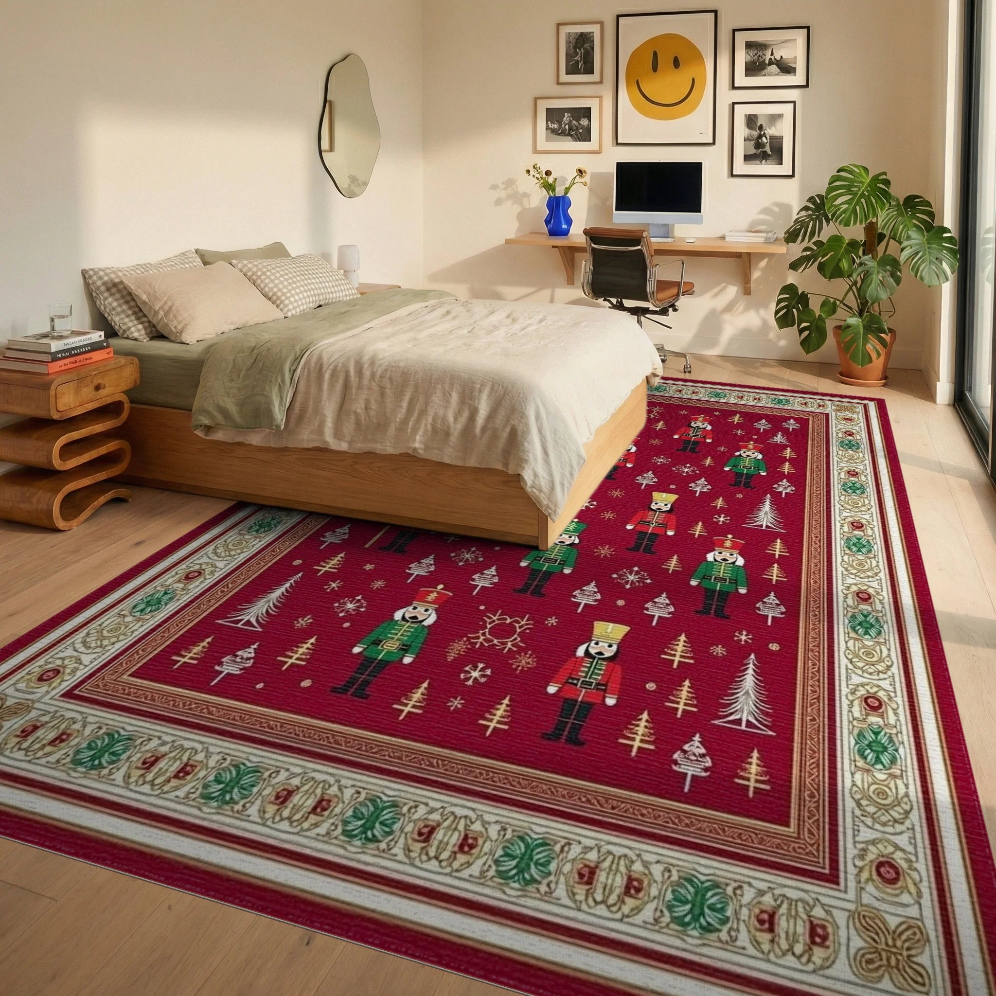 Festive Nutcracker Soldier Pattern Rug - Bedroom View
