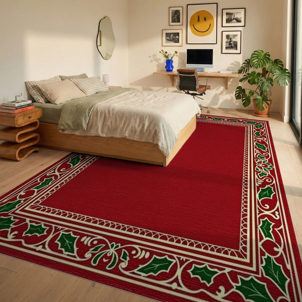 Festive Red Holly Border Design Rug - Bedroom View
