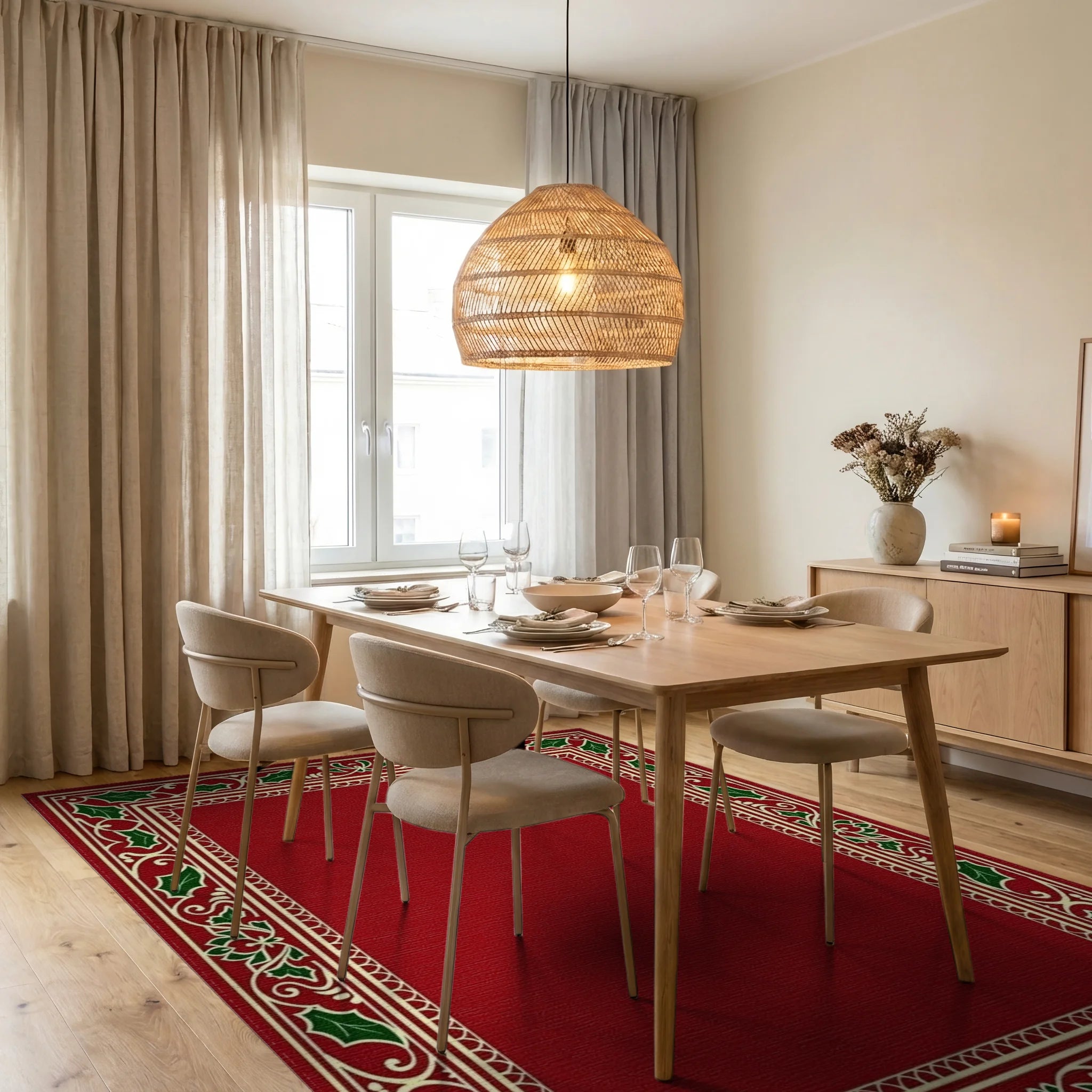 Festive Red Holly Border Design Rug - Dining Room View