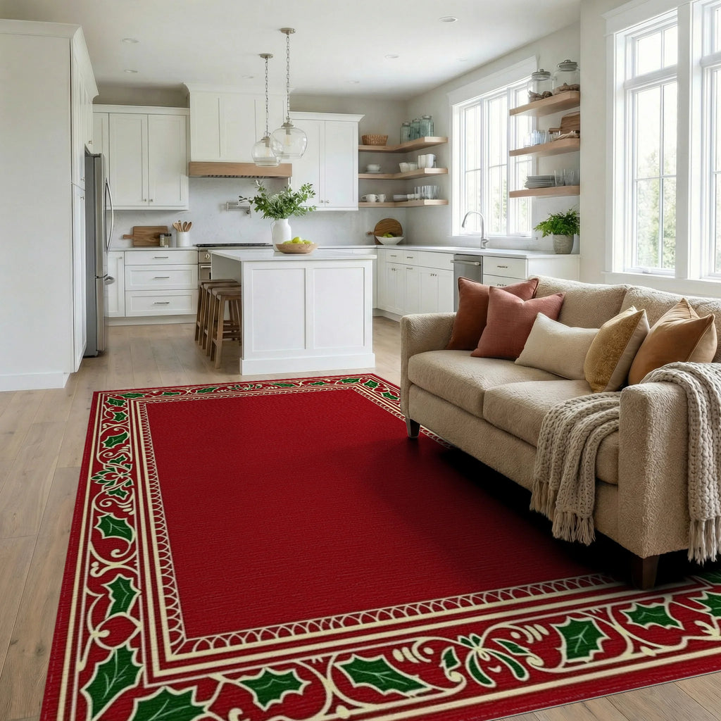Festive Red Holly Border Design Rug - Living Room View