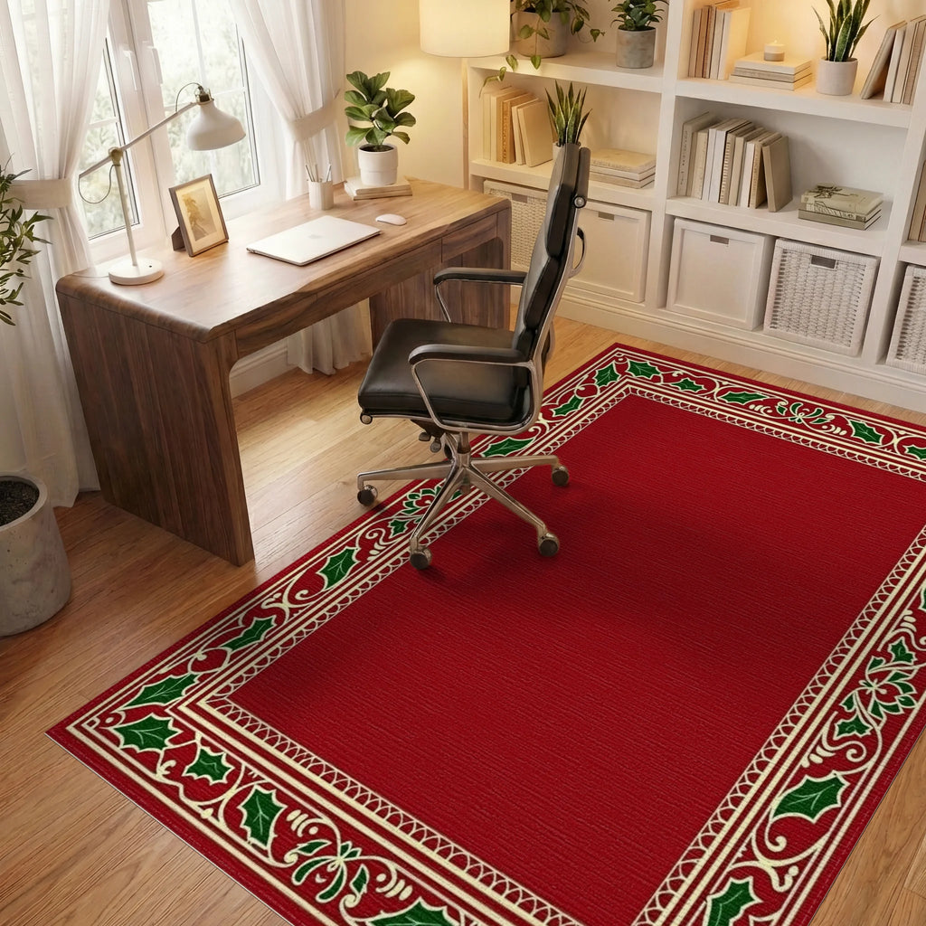 Festive Red Holly Border Design Rug - Office View