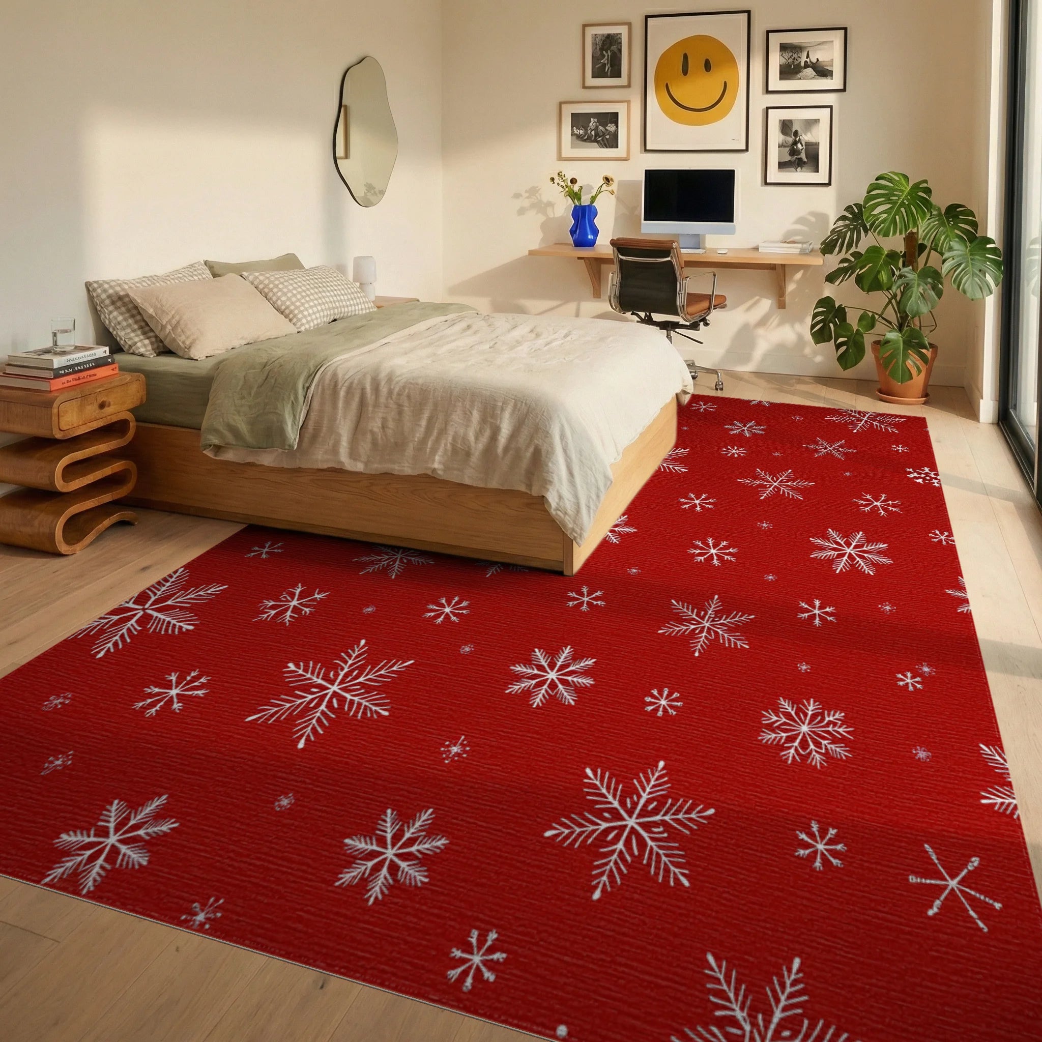 Festive Red Snowflake Scatter Rug - Bedroom View