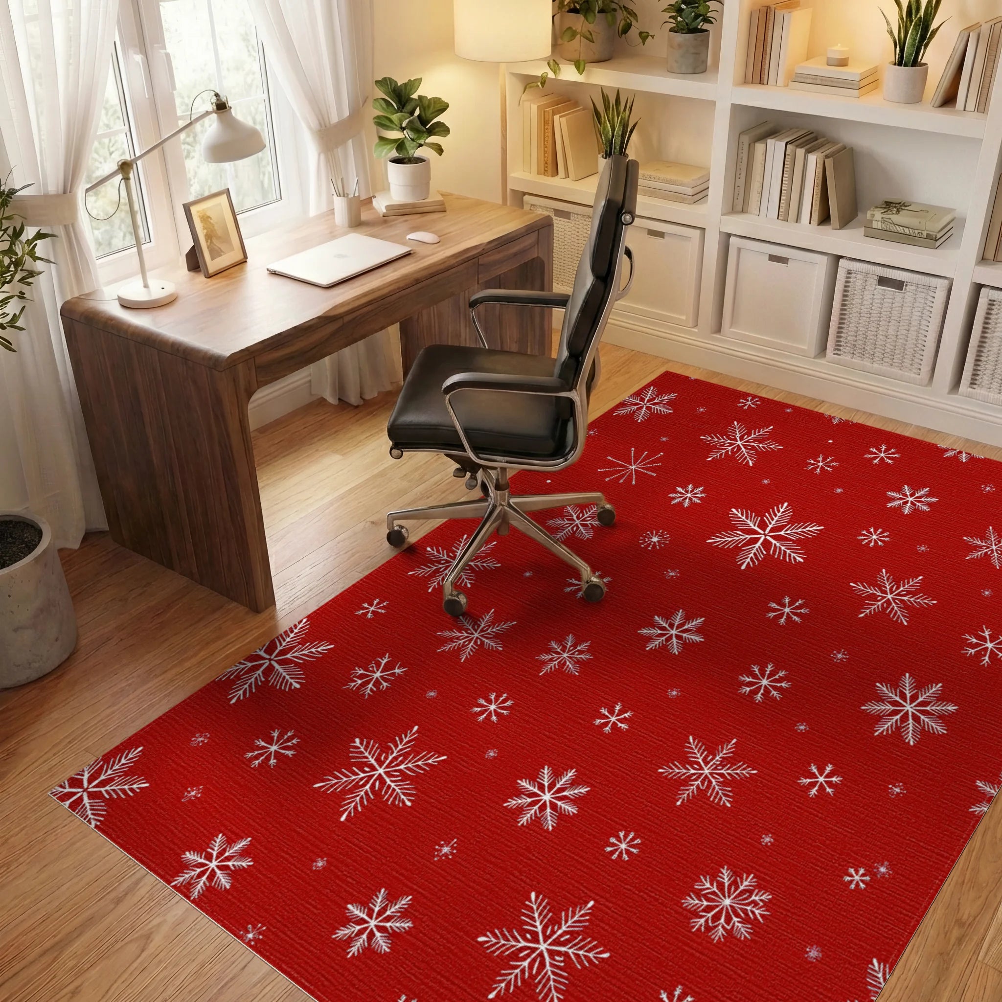 Festive Red Snowflake Scatter Rug - Office View
