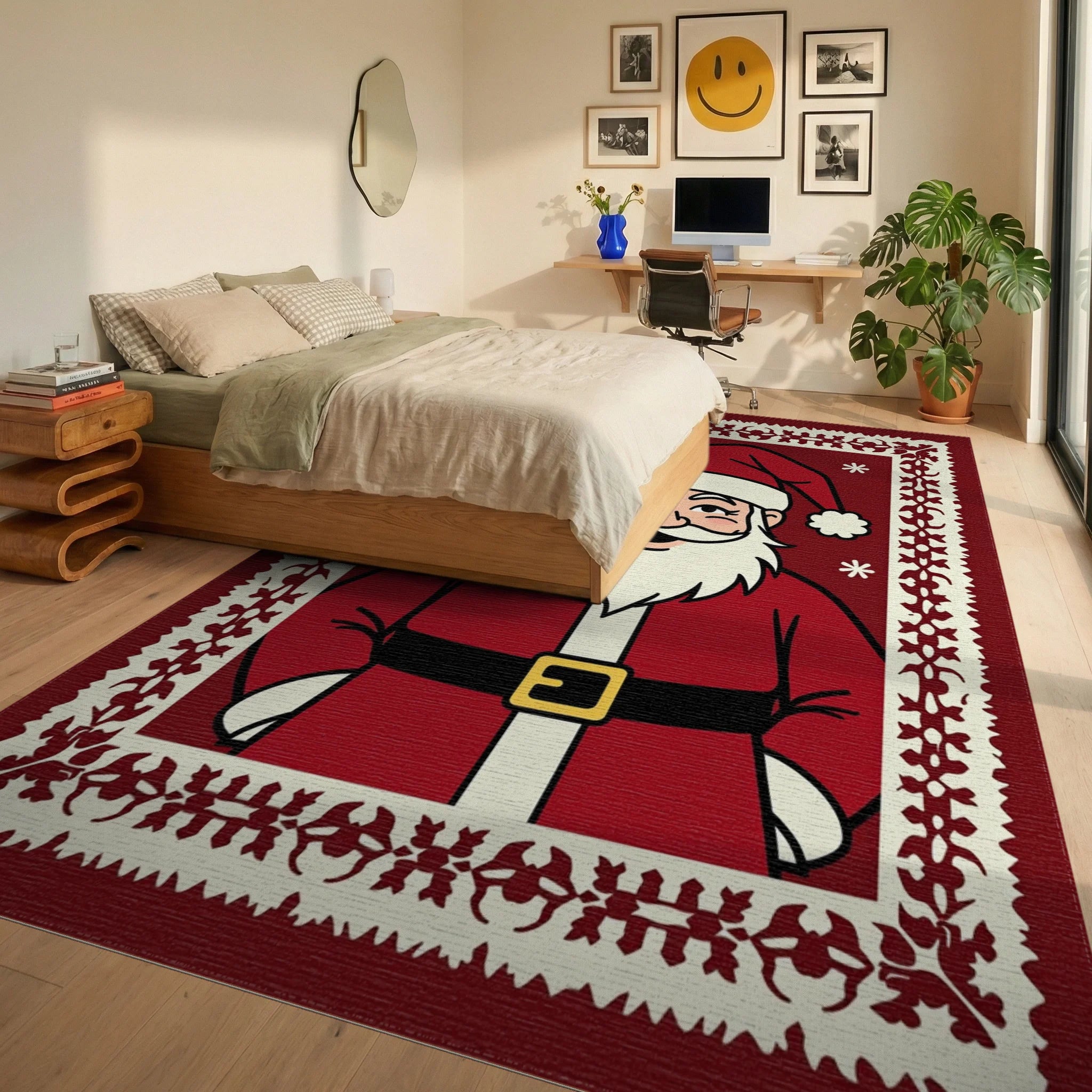 Festive Santa Claus Floral Border Design Rug Bedroom View