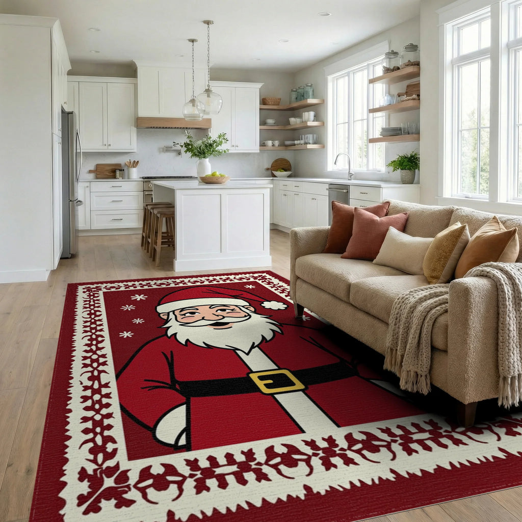 Festive Santa Claus Floral Border Design Rug Living Room View