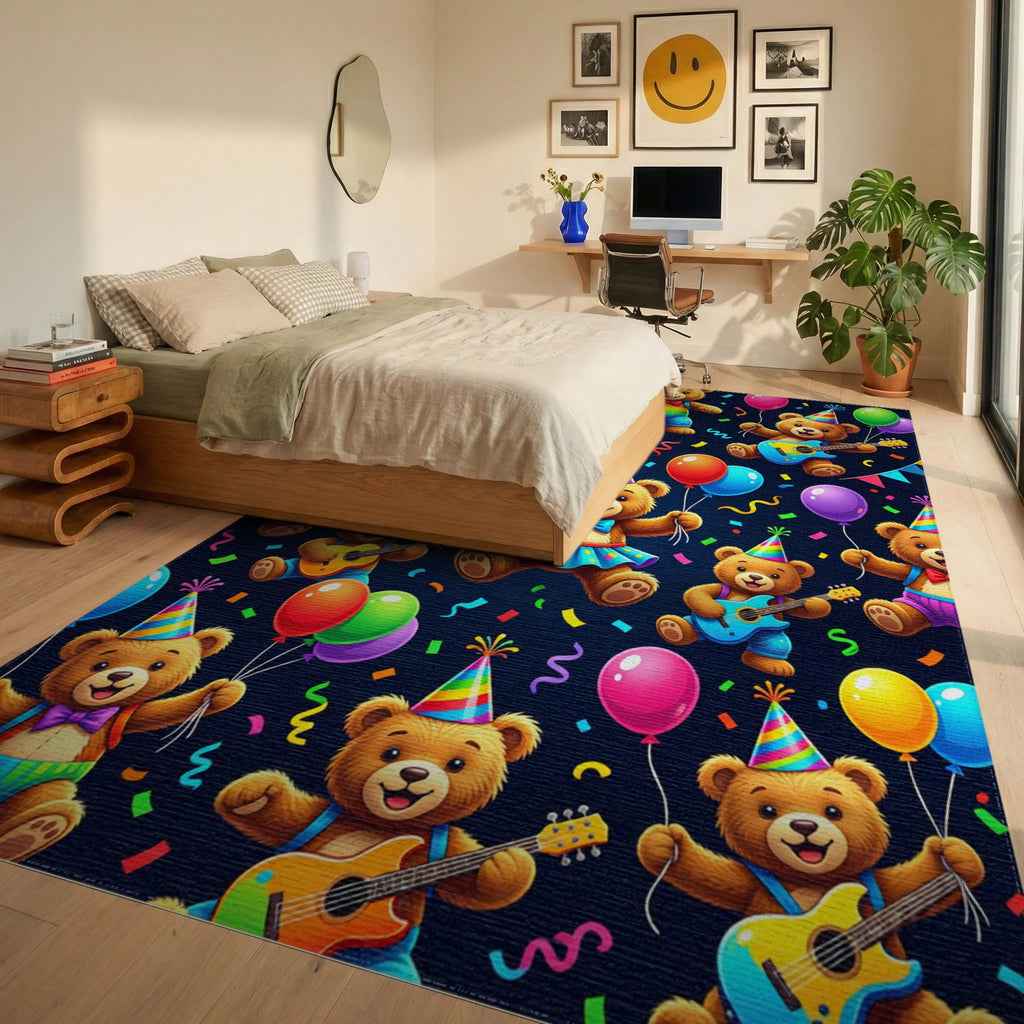 Festive Teddy Bear Party Balloon Guitar Rug Bedroom View