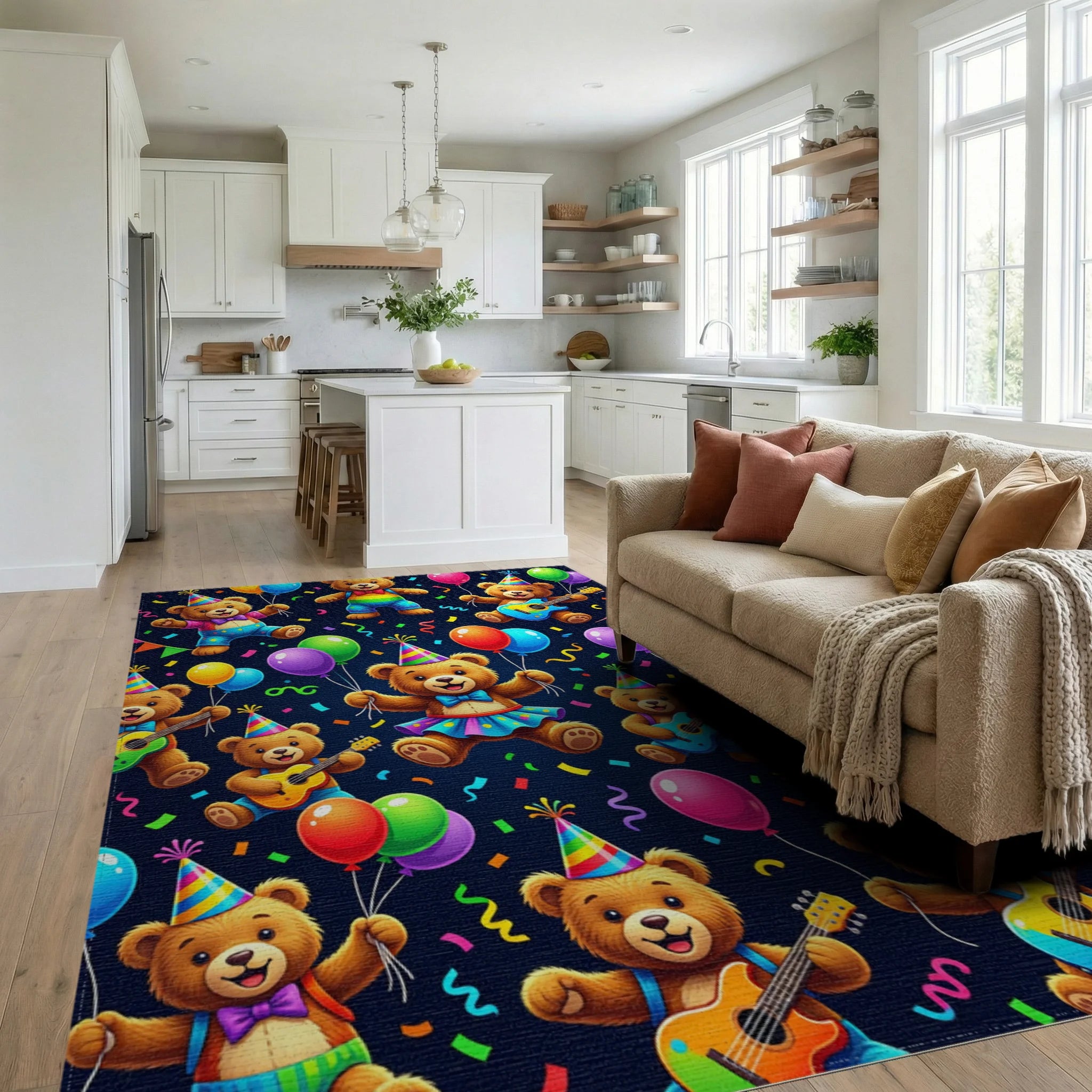 Festive Teddy Bear Party Balloon Guitar Rug Living Room View