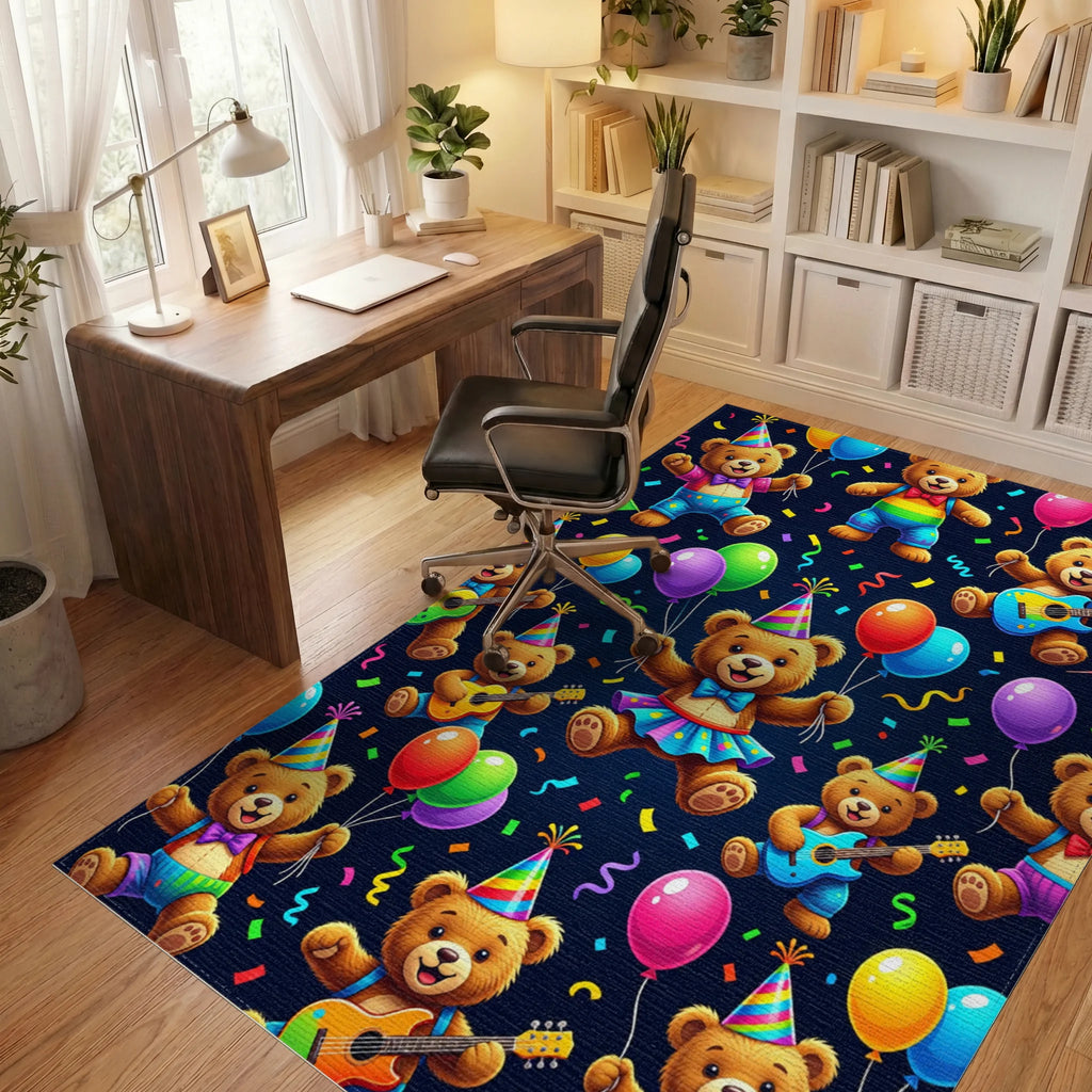 Festive Teddy Bear Party Balloon Guitar Rug Office View