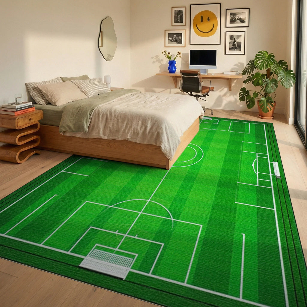 Field Green White Striped Lines Rug - Bedroom View