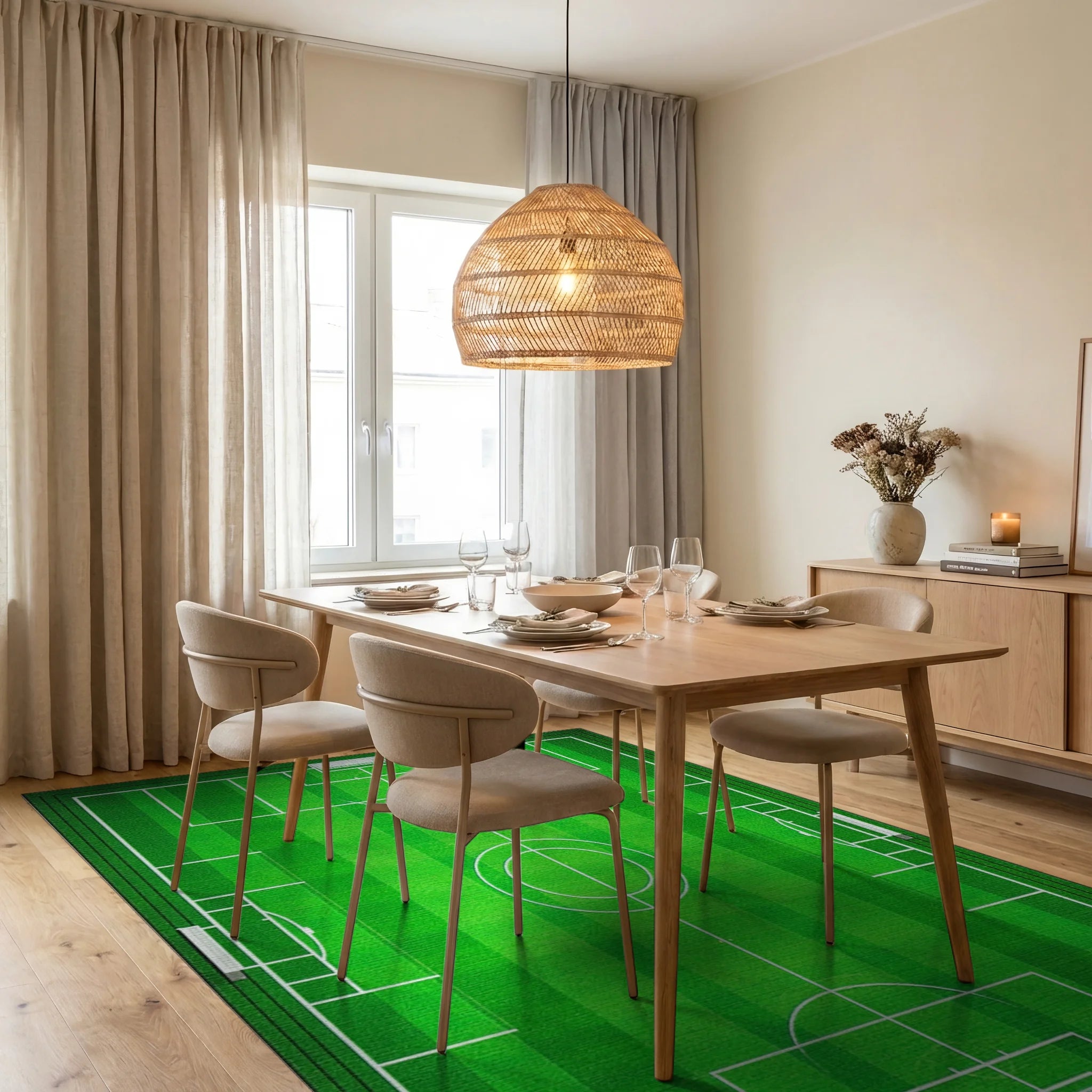 Field Green White Striped Lines Rug - Dining Room View