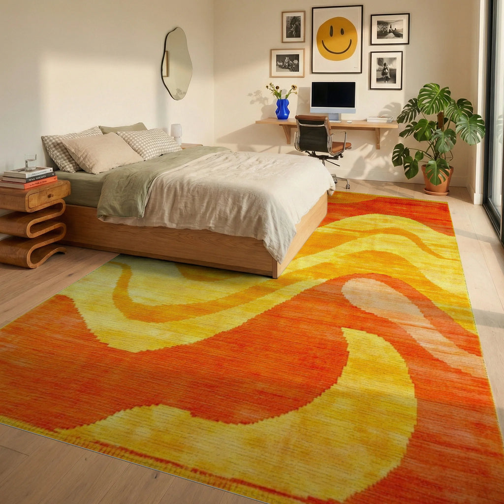 Fiery Orange Yellow Swirl Rug - Bedroom View