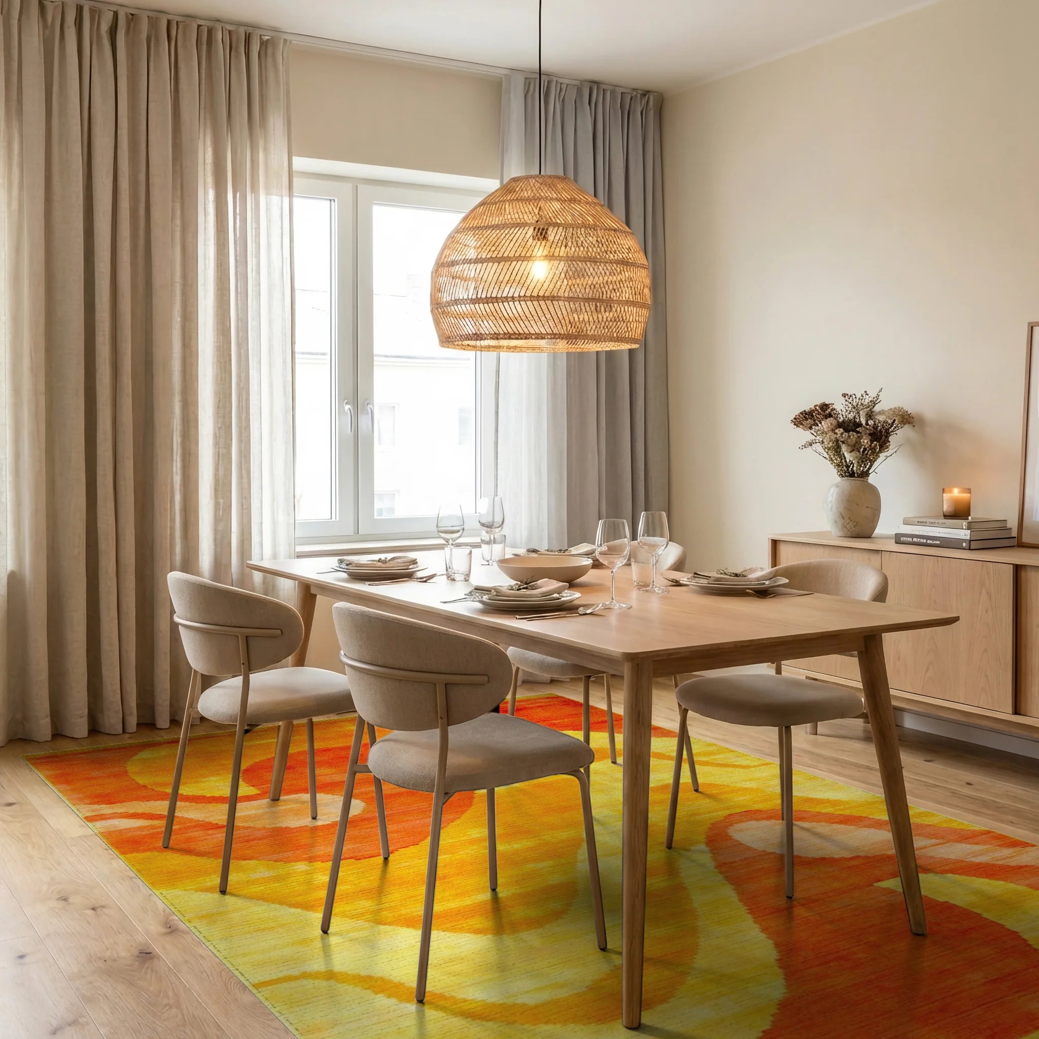 Fiery Orange Yellow Swirl Rug - Dining Room View