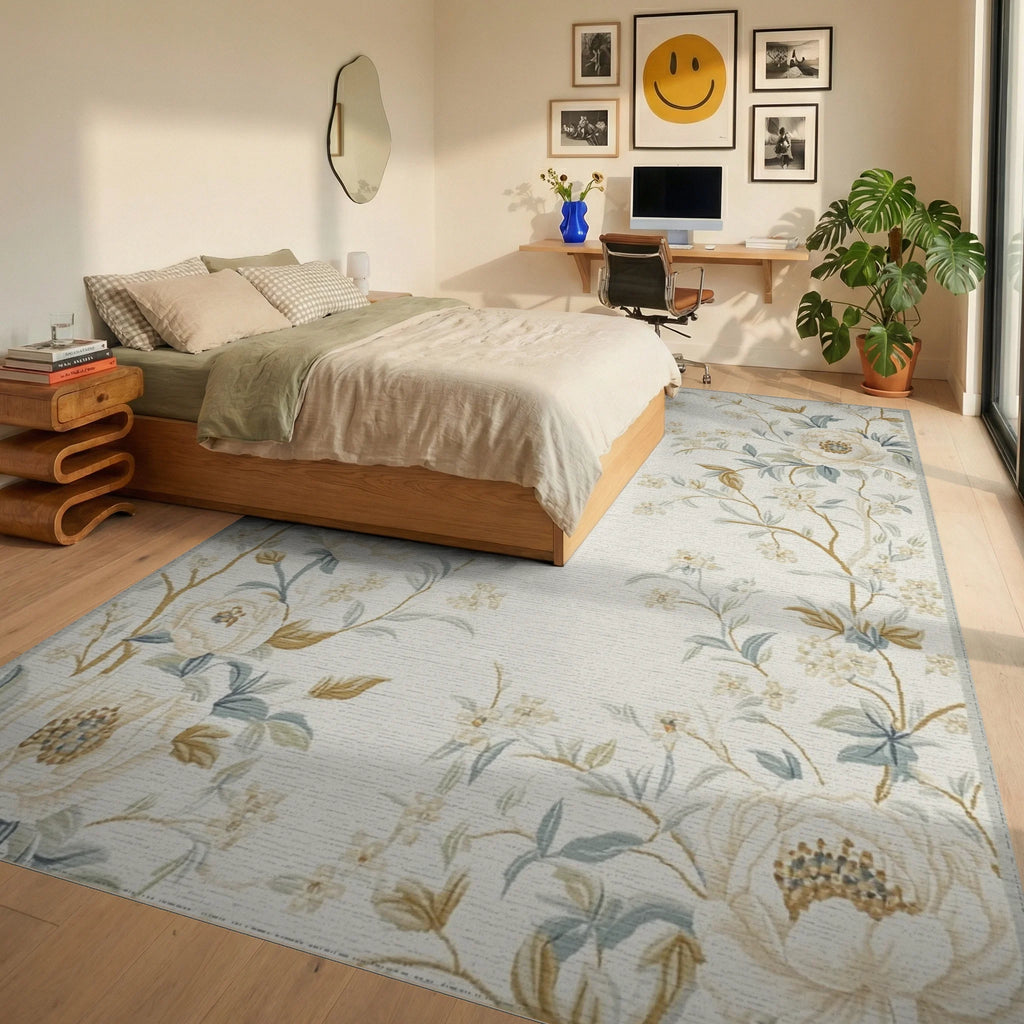 Floral Blossom Vine Pattern Rug - Bedroom View