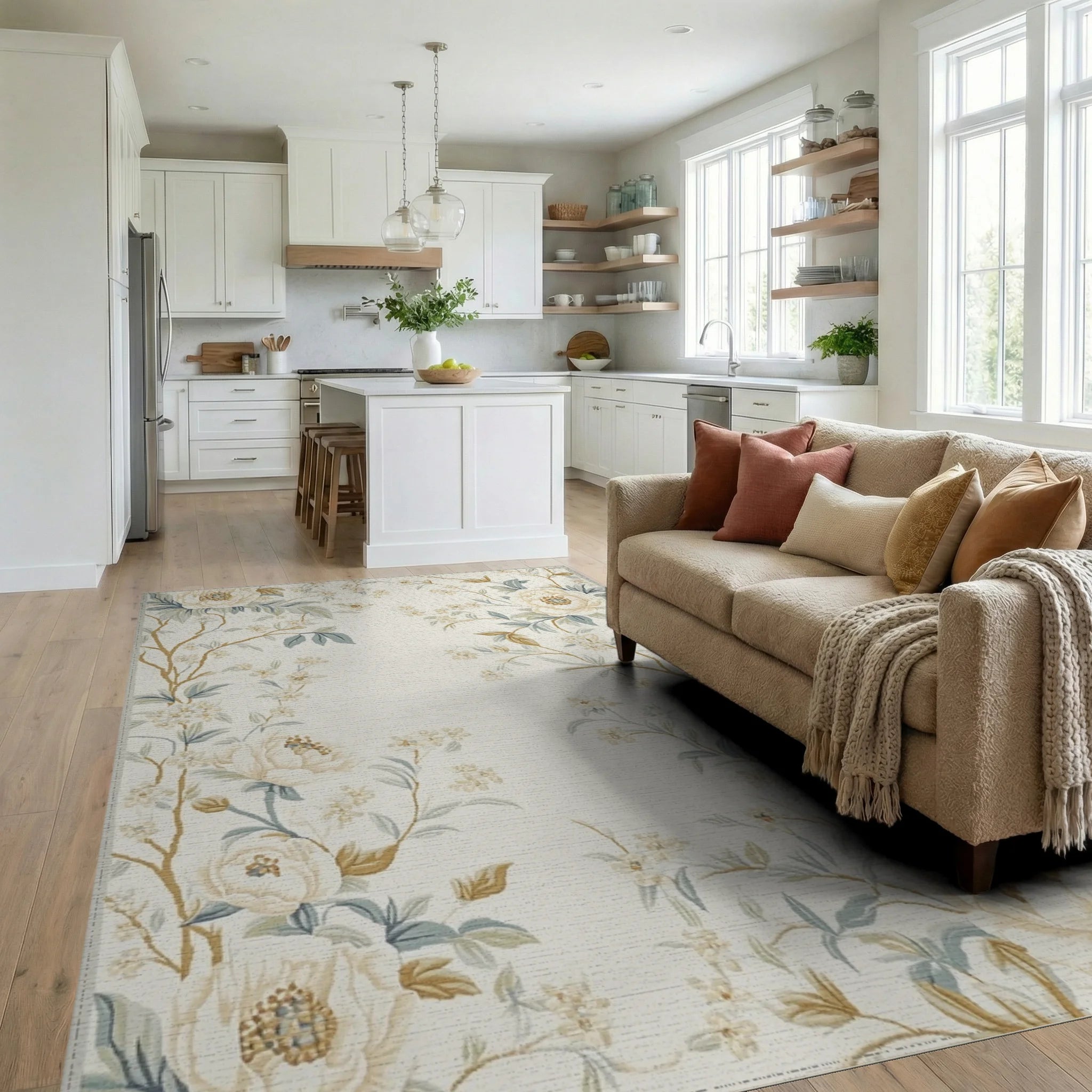 Floral Blossom Vine Pattern Rug - Living Room View