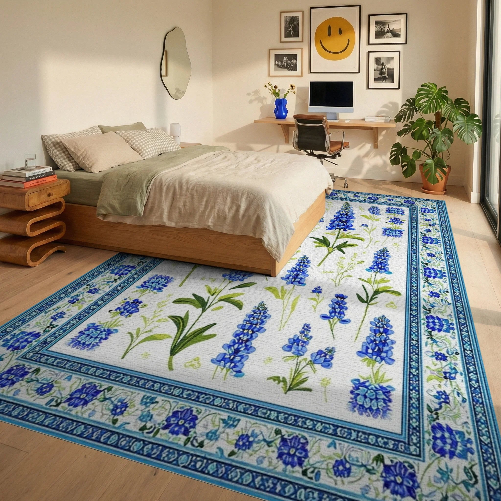 Floral Blue Lavender Pattern Design Rug - Bedroom View