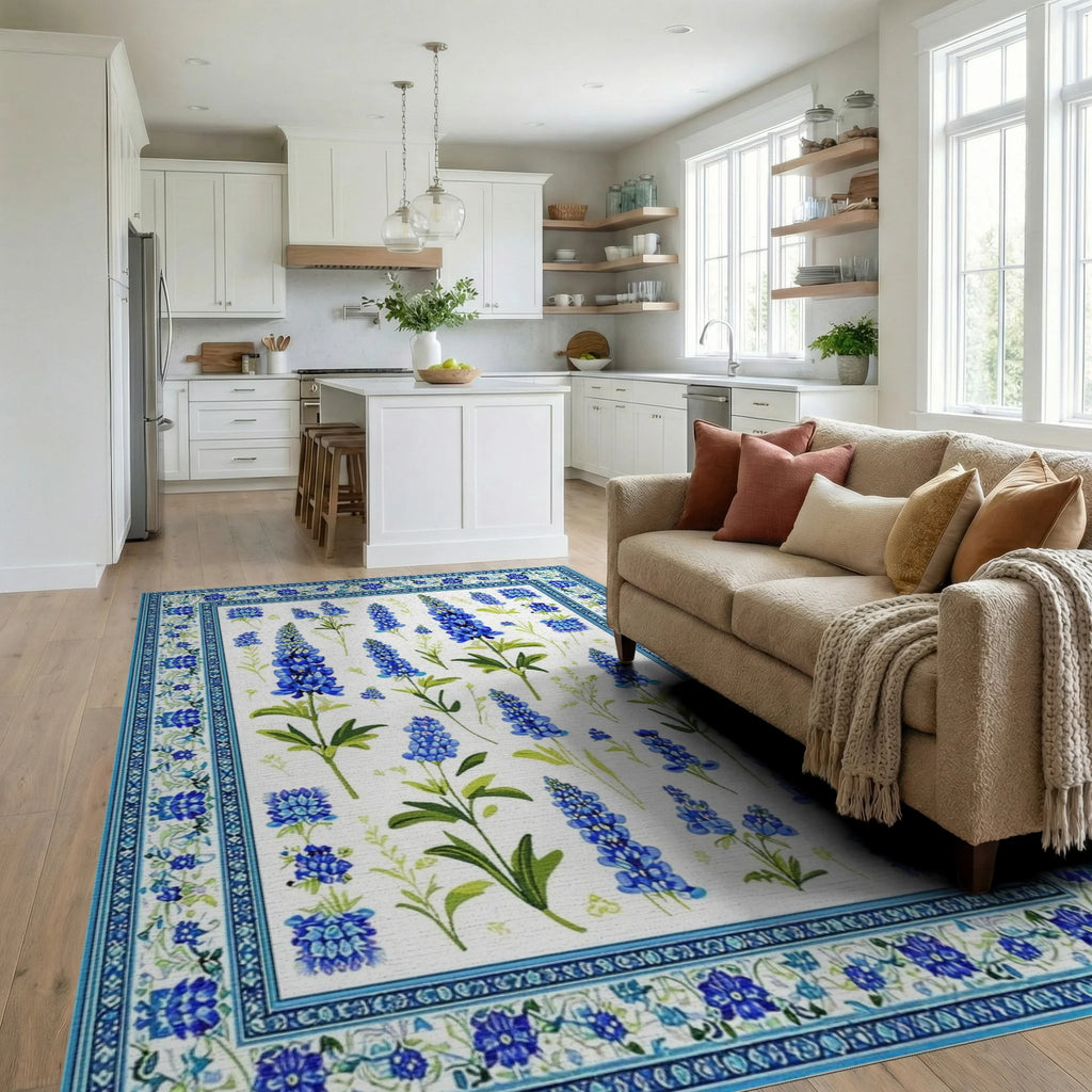 Floral Blue Lavender Pattern Design Rug - Living Room View