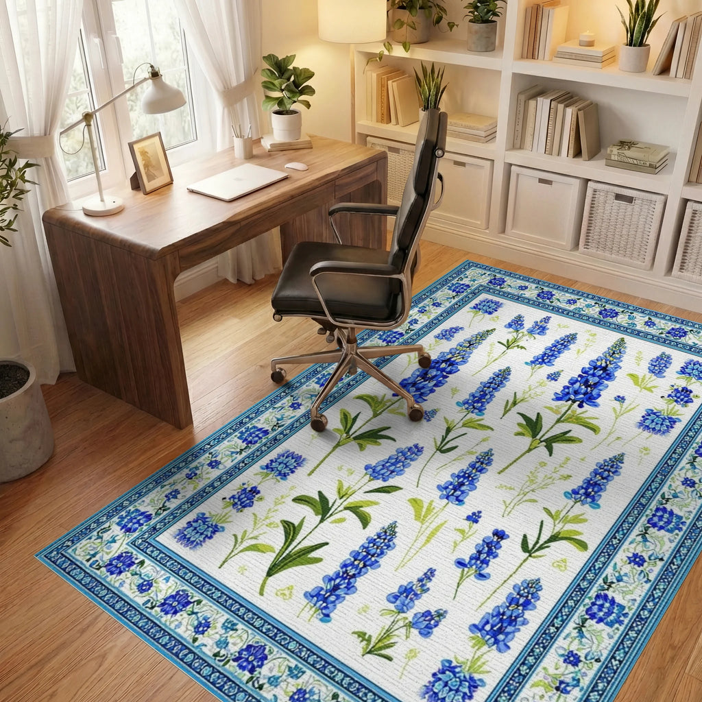 Floral Blue Lavender Pattern Design Rug - Office View