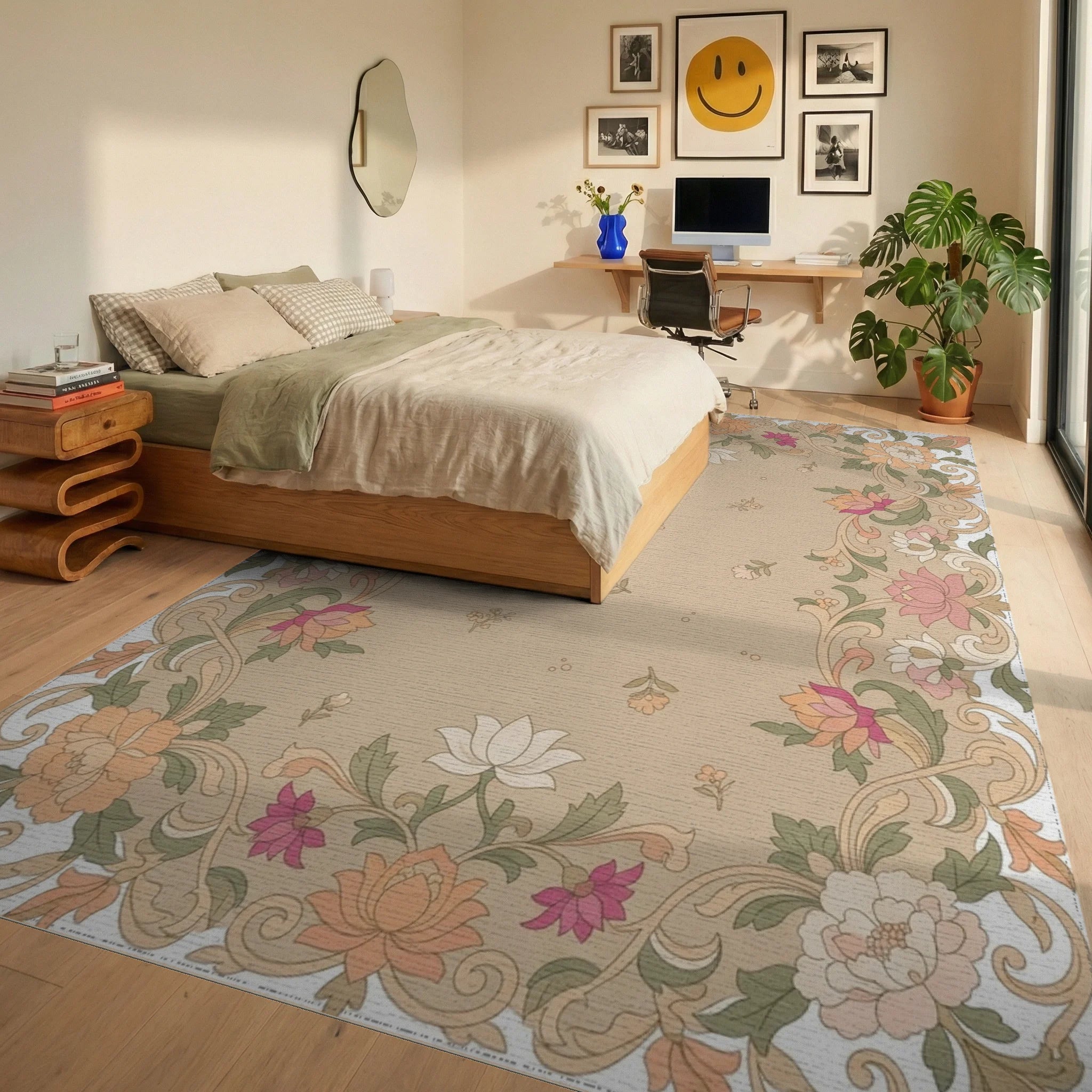 Floral Border with Peony and Lotus Motifs Rug Bedroom View