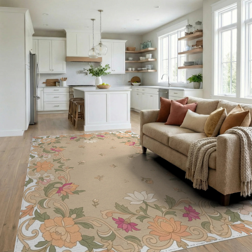 Floral Border with Peony and Lotus Motifs Rug Living Room View
