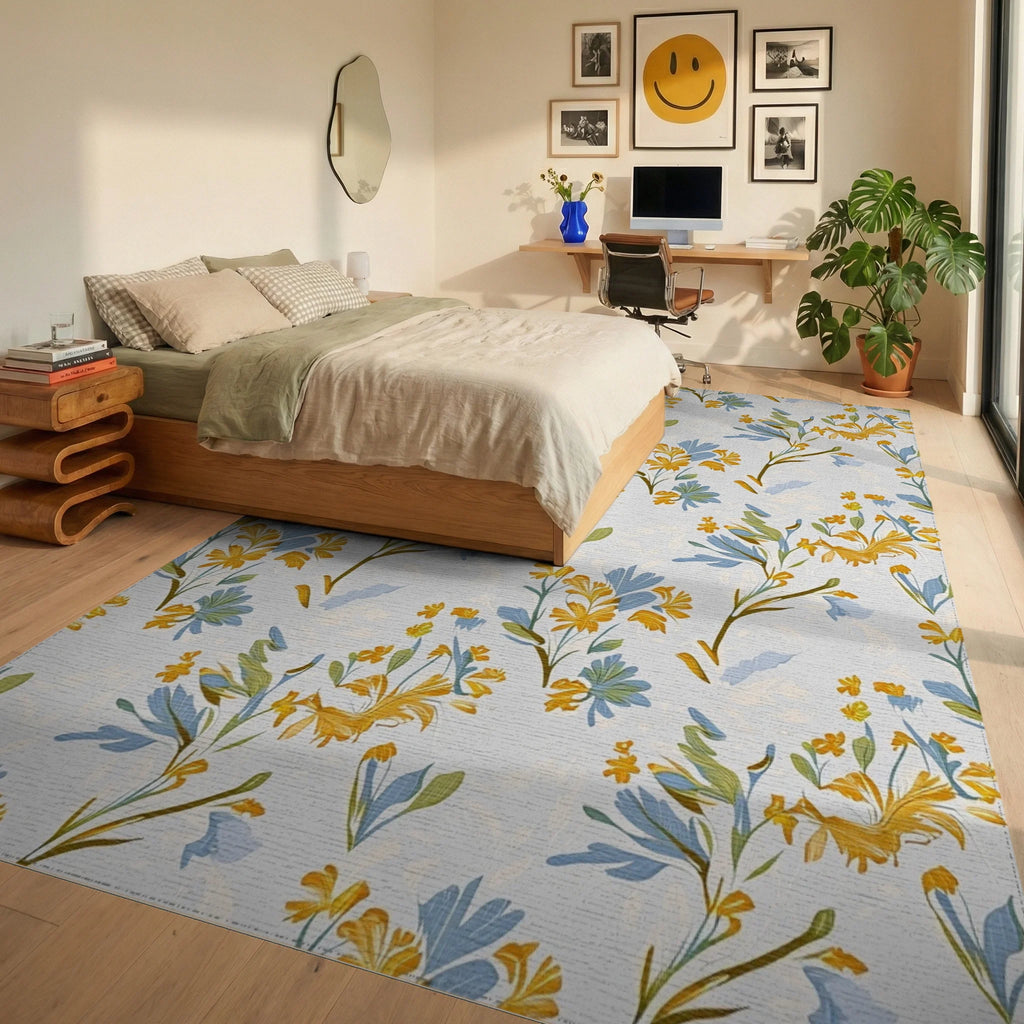 Floral Branches In Yellow And Blue Rug Bedroom View
