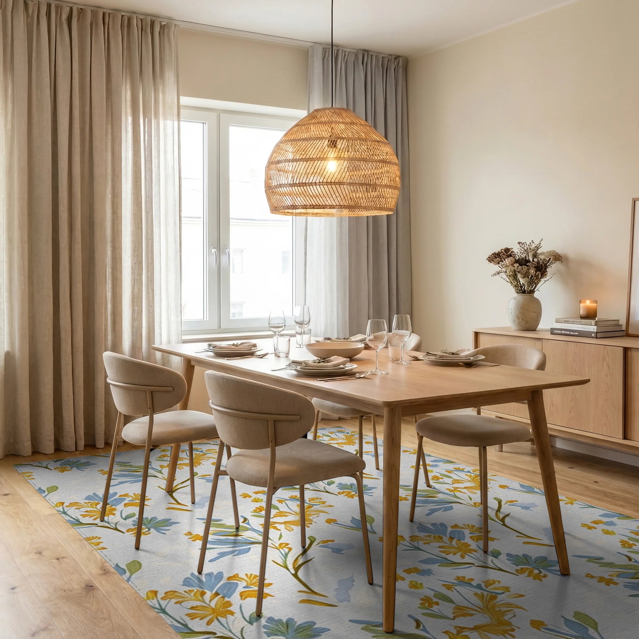 Floral Branches In Yellow And Blue Rug Dining Room View