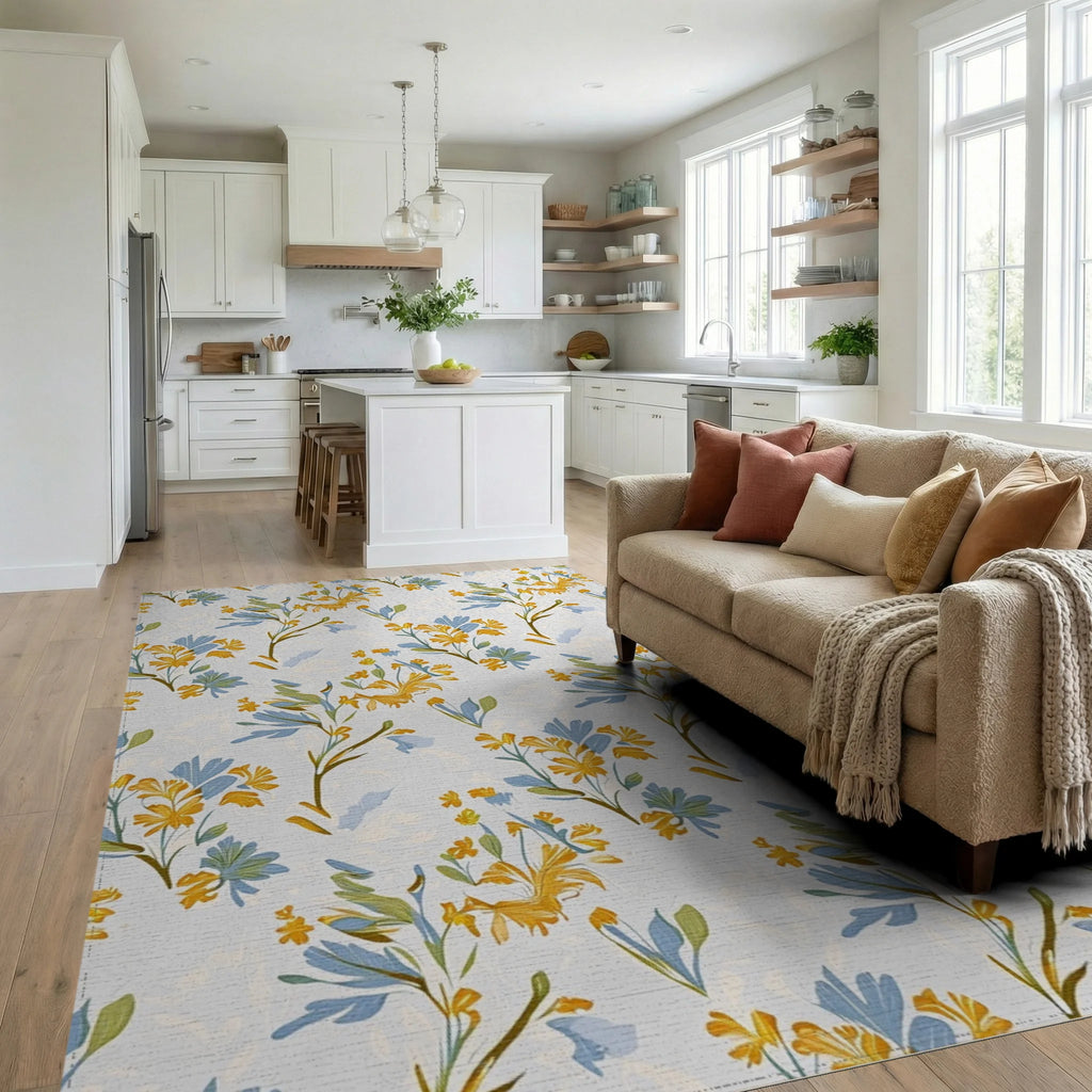 Floral Branches In Yellow And Blue Rug Living Room View