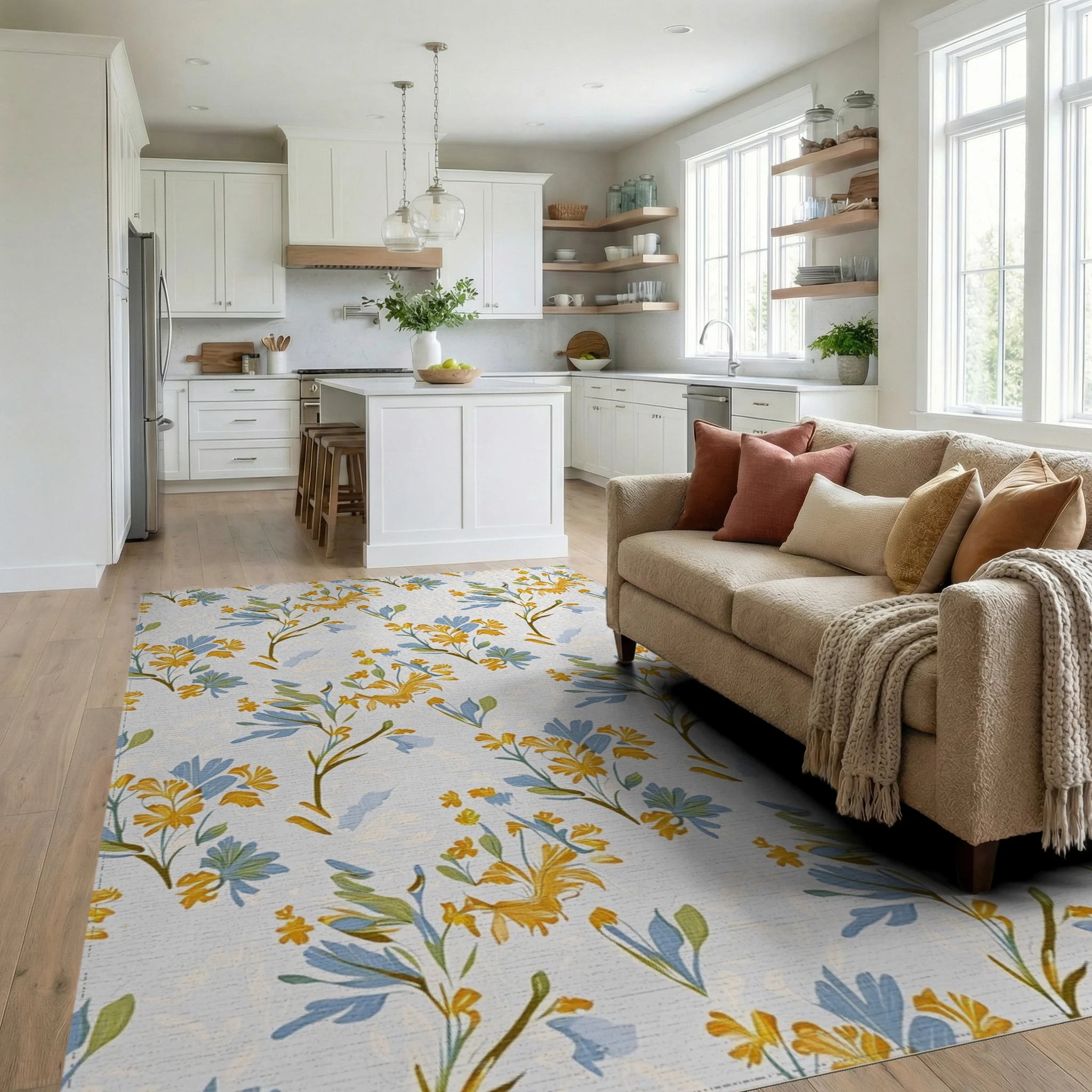 Floral Branches In Yellow And Blue Rug Living Room View
