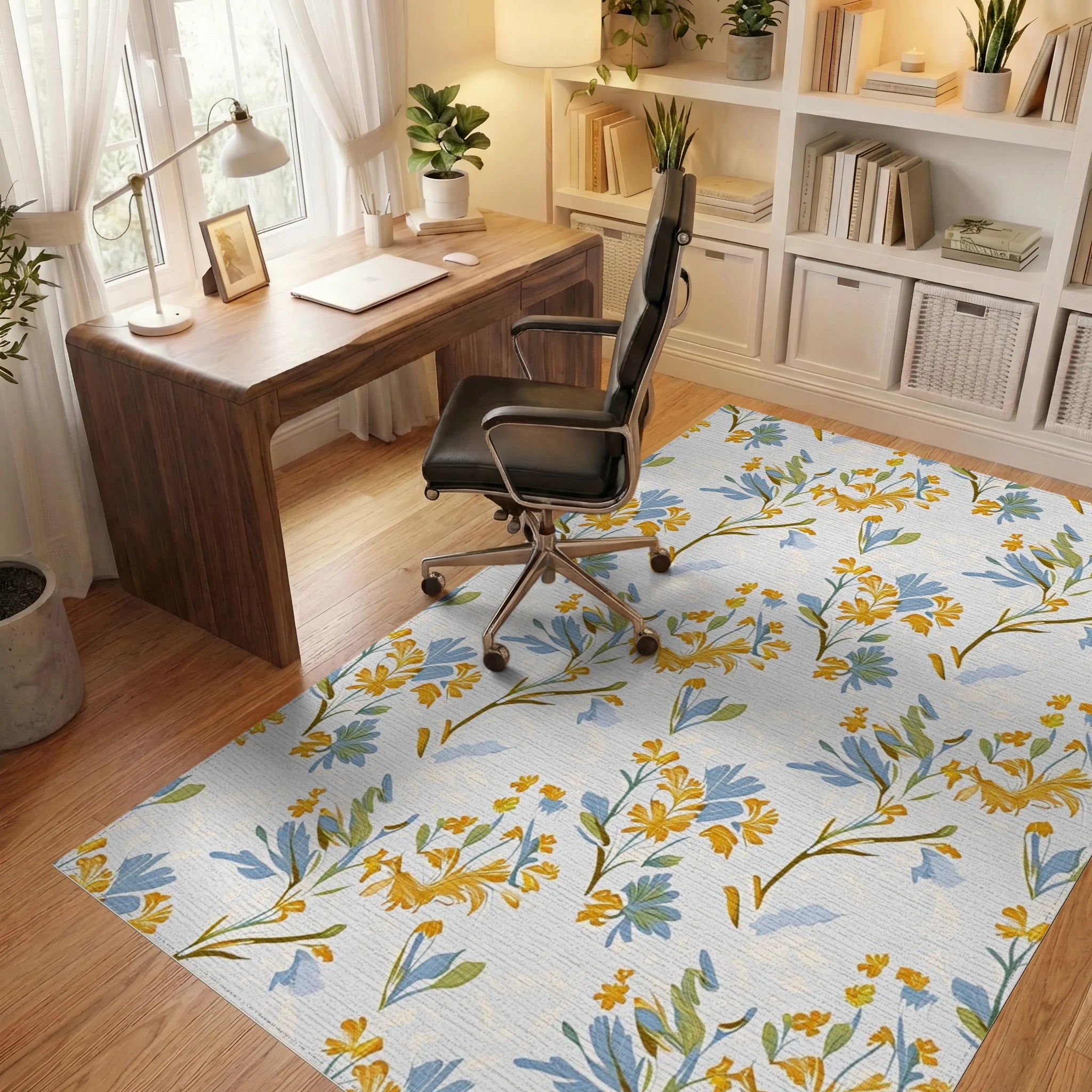 Floral Branches In Yellow And Blue Rug Office View