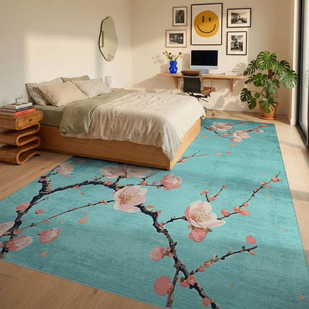 Floral Branches On Teal Background Rug - Bedroom View