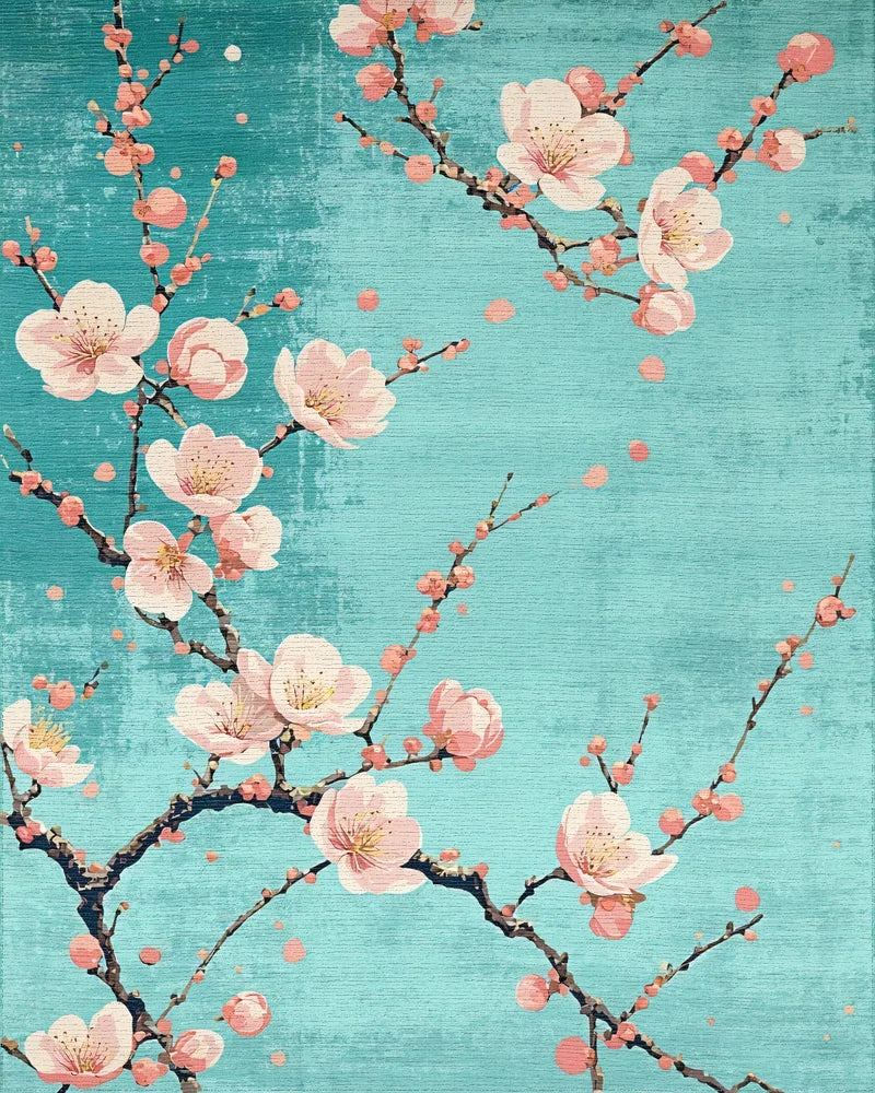Floral Branches On Teal Background Rug - Cutout View