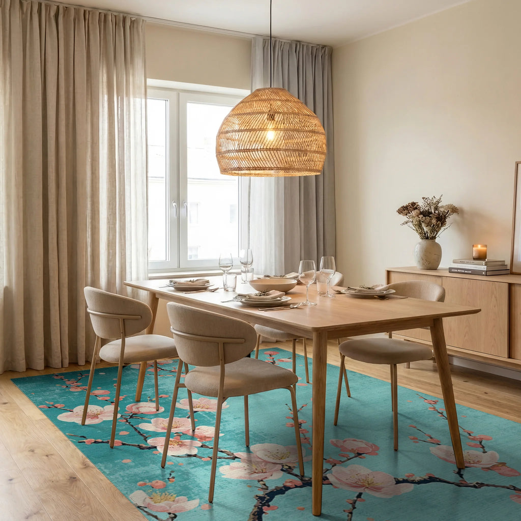 Floral Branches On Teal Background Rug - Dining Room View