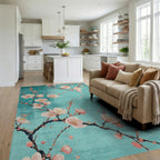 Floral Branches On Teal Background Rug - Living Room View