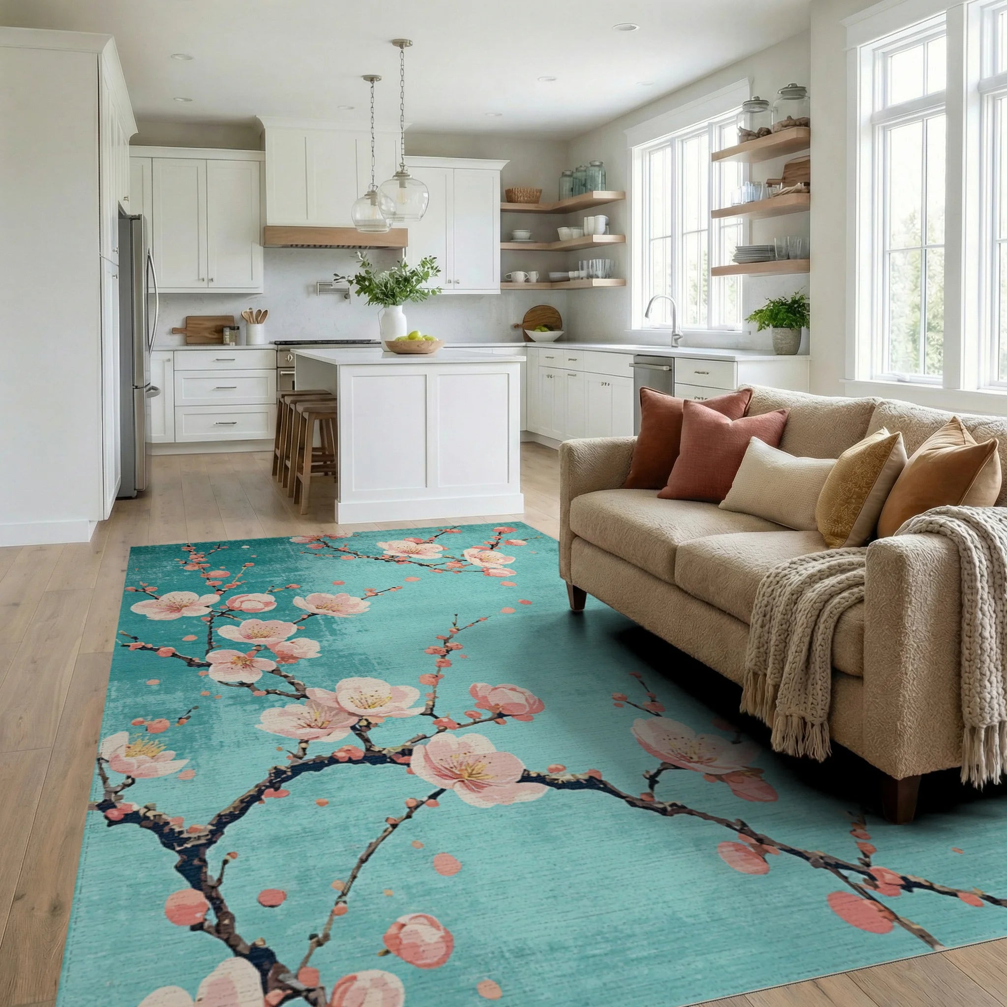 Floral Branches On Teal Background Rug - Living Room View