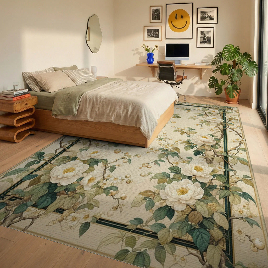 Floral Branches With Cream Blooms Rug Bedroom View