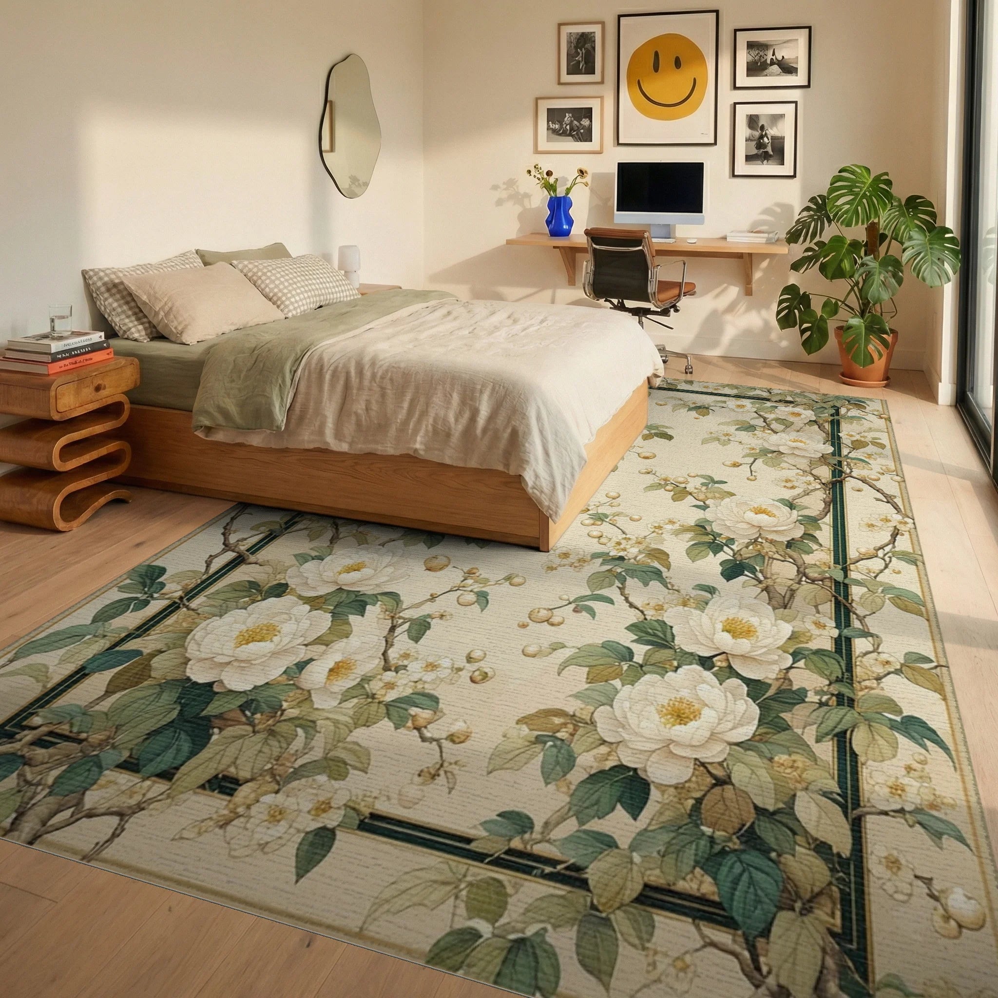 Floral Branches With Cream Blooms Rug Bedroom View