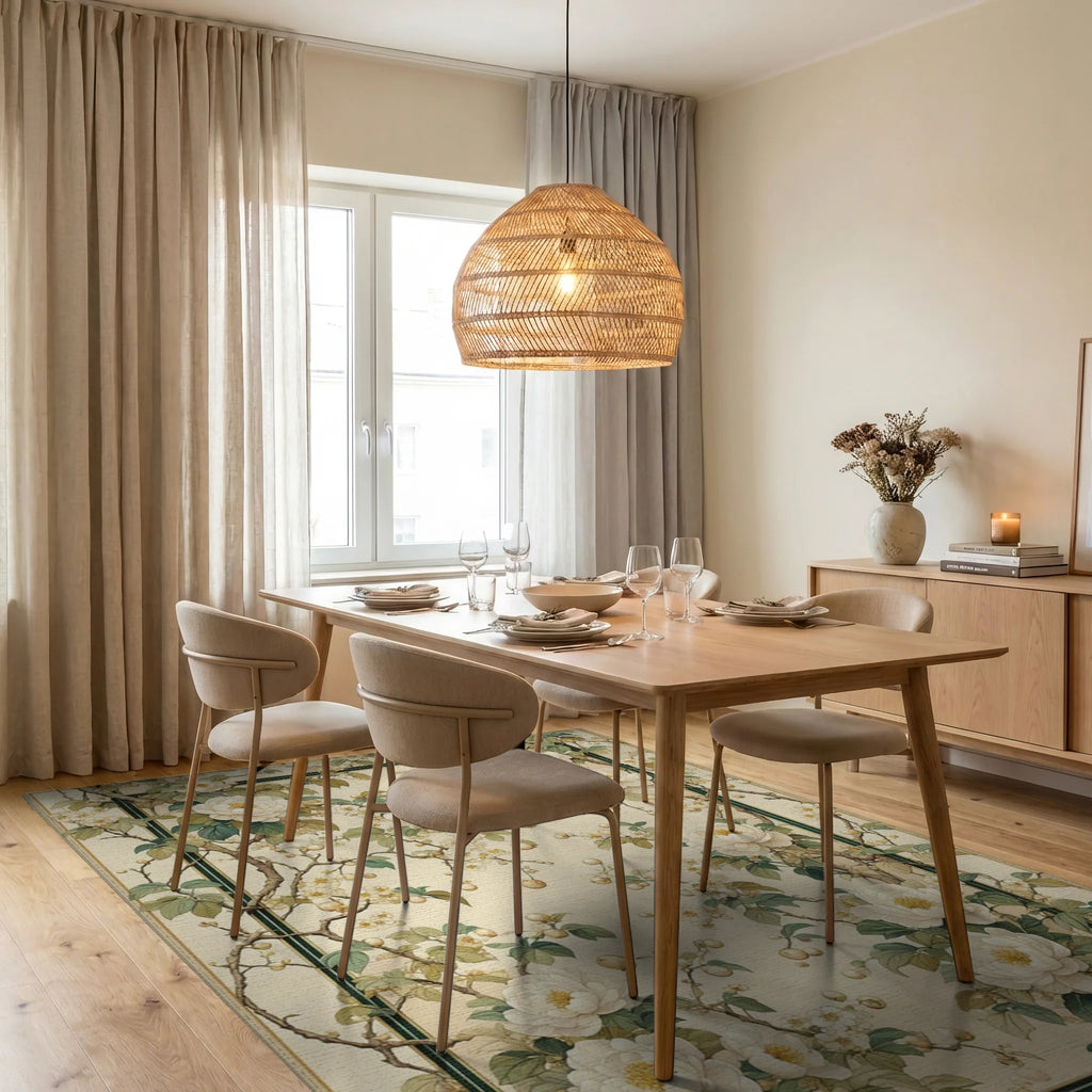 Floral Branches With Cream Blooms Rug Dining Room View
