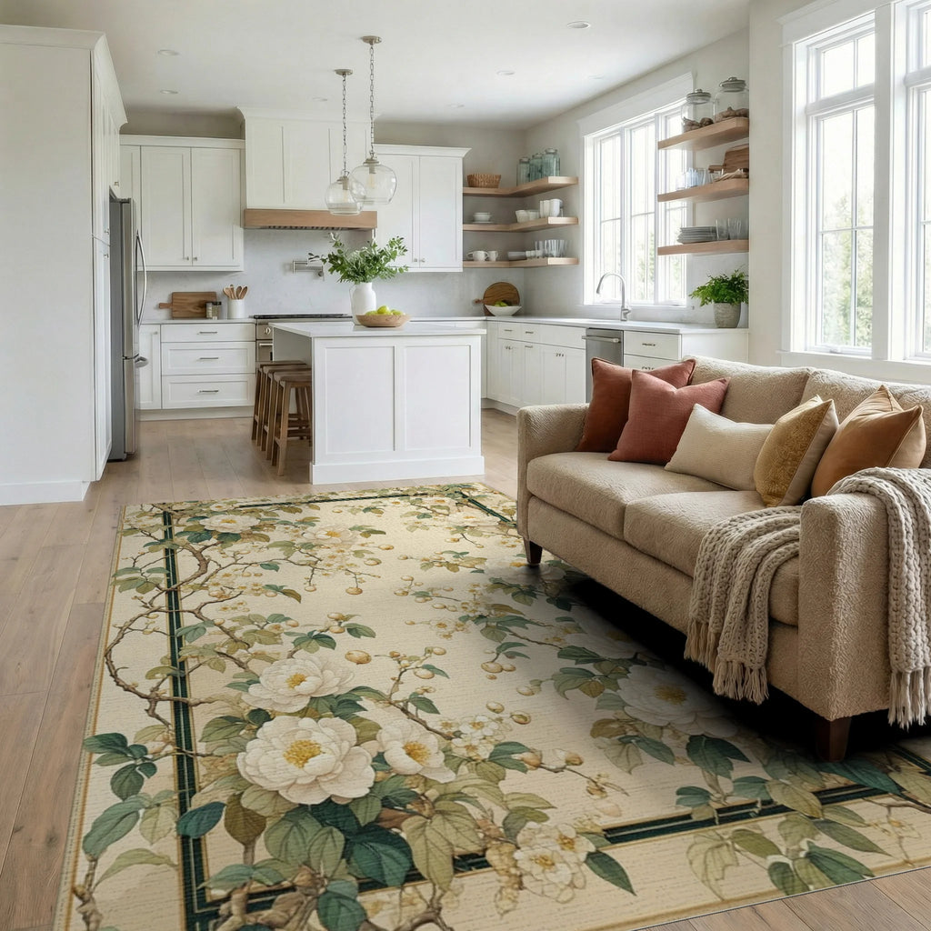 Floral Branches With Cream Blooms Rug Living Room View
