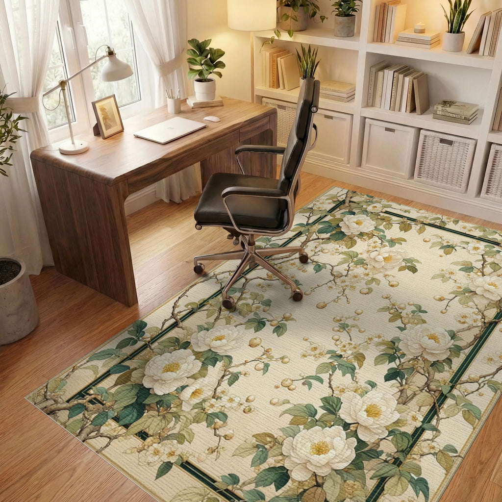 Floral Branches With Cream Blooms Rug Office View