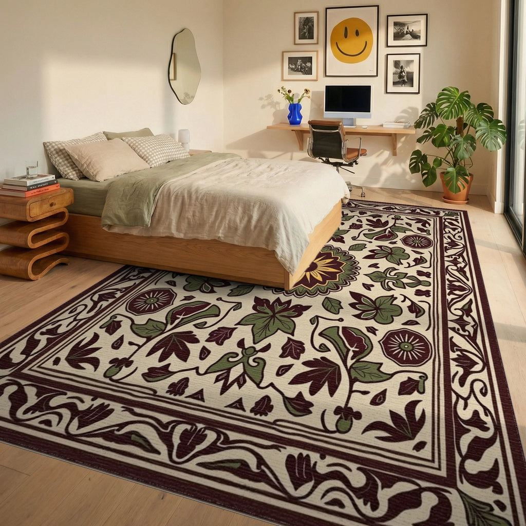 Floral Mandala Inspired Cream Rug Bedroom View