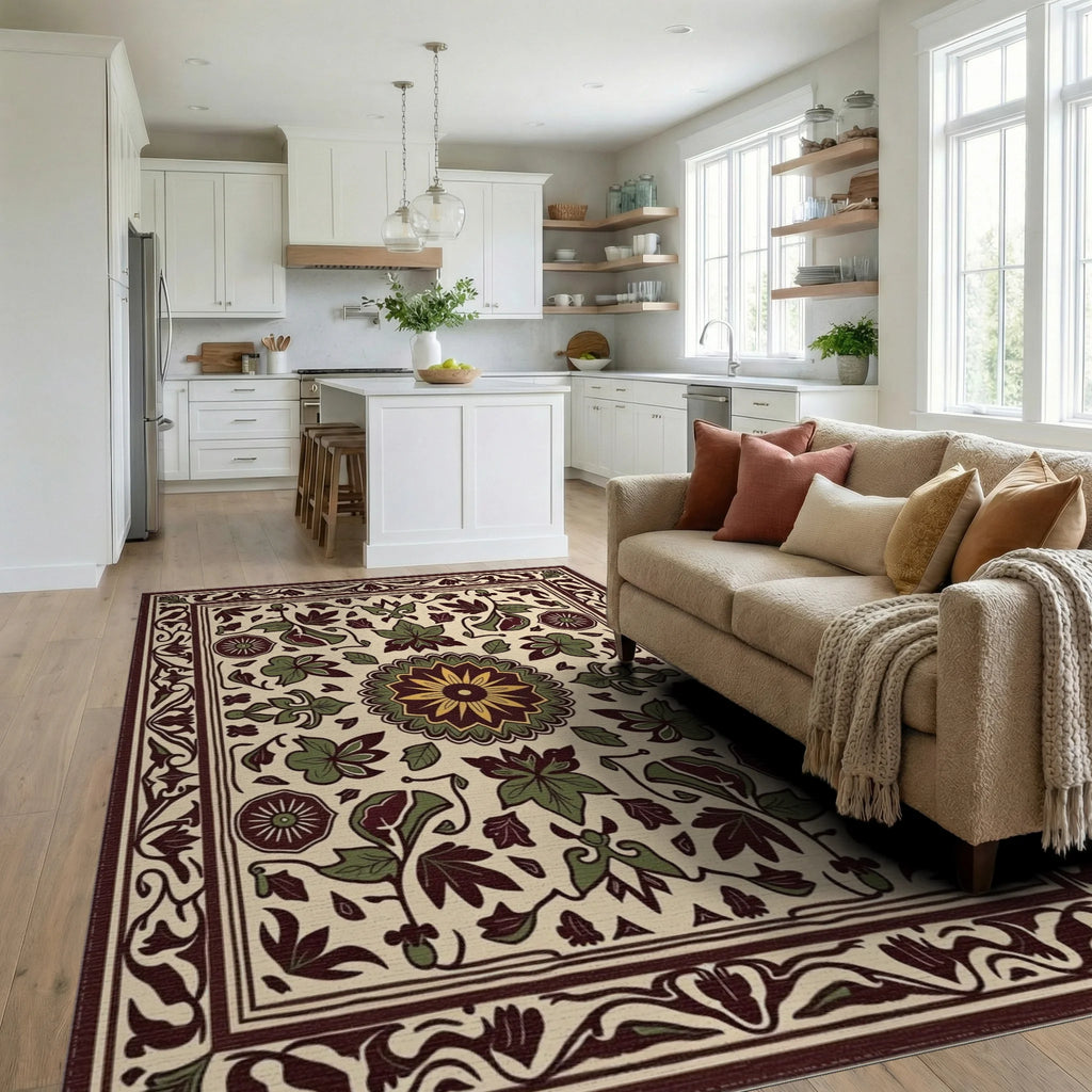 Floral Mandala Inspired Cream Rug Living Room View