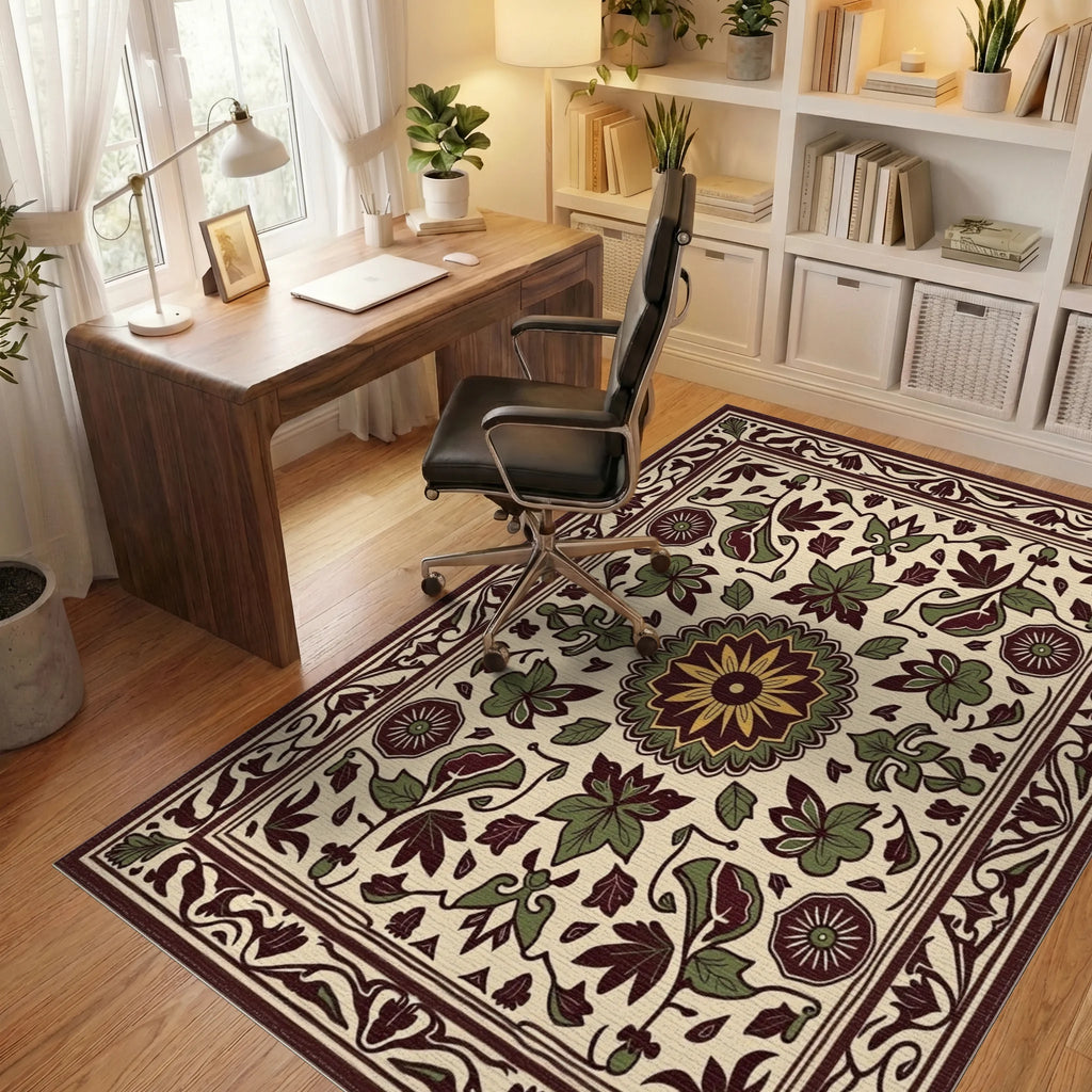 Floral Mandala Inspired Cream Rug Office View